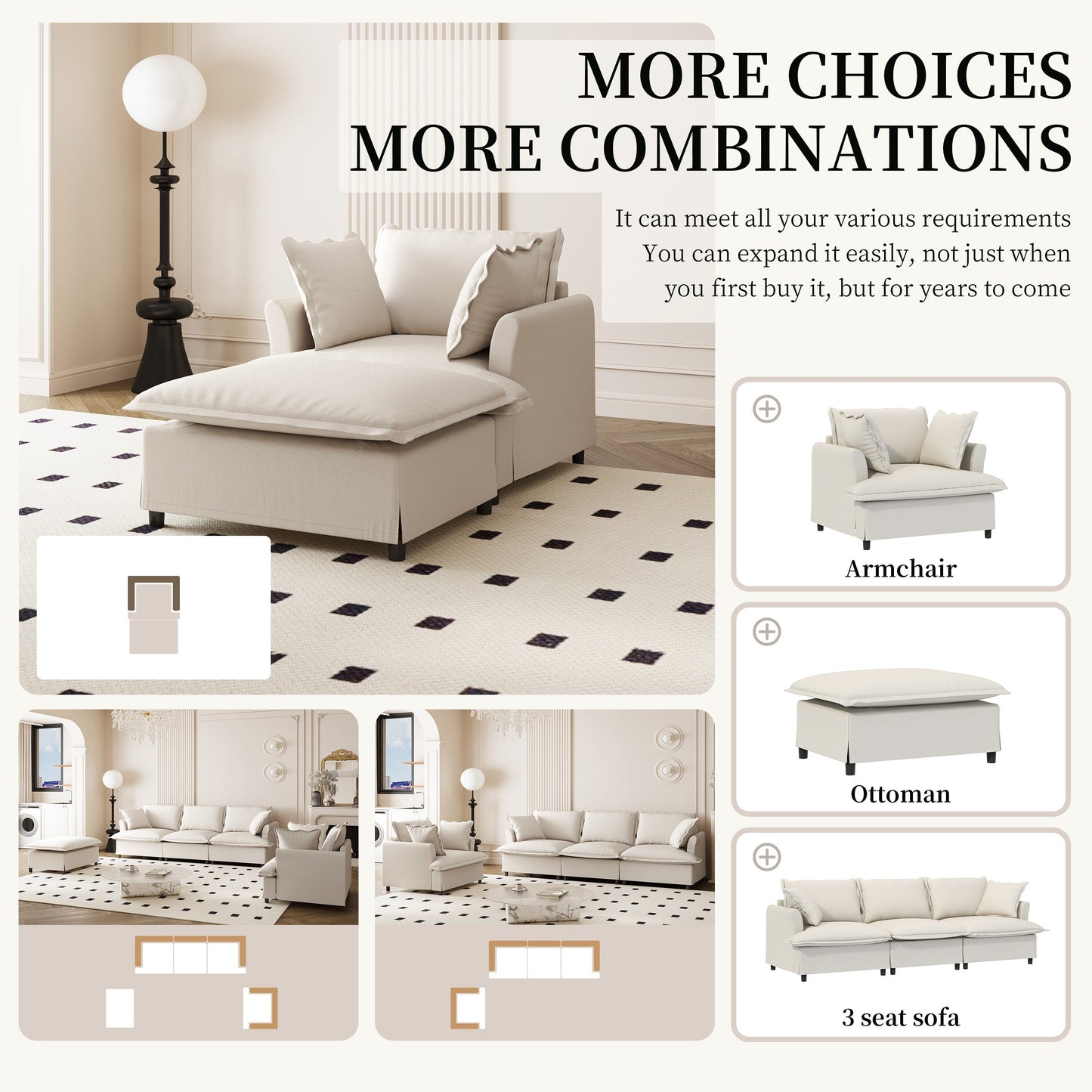 Oversized Chaise Lounge Chenille Single Sofa Bed Lazy Sleeper Armchair with Movable Ottoman for Living Room Bedroom
