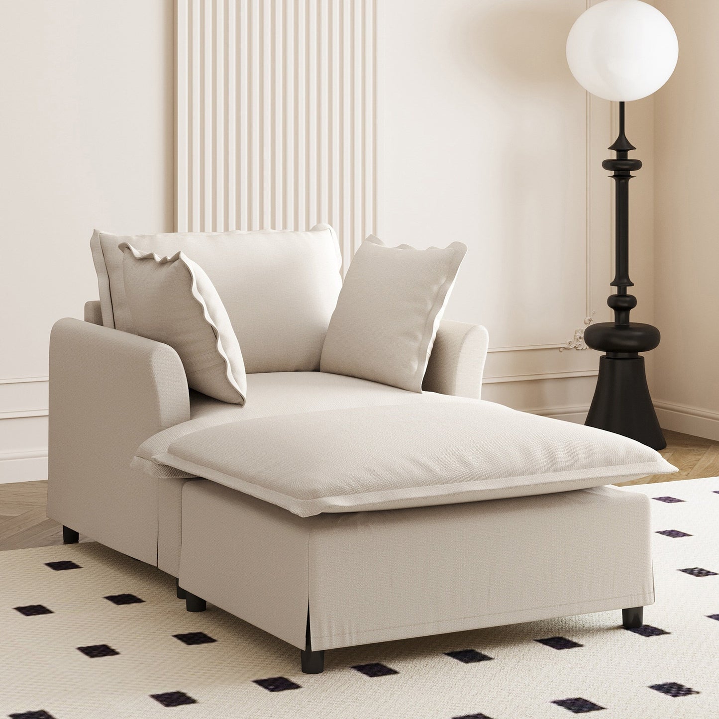 Oversized Chaise Lounge Chenille Single Sofa Bed Lazy Sleeper Armchair with Movable Ottoman for Living Room Bedroom