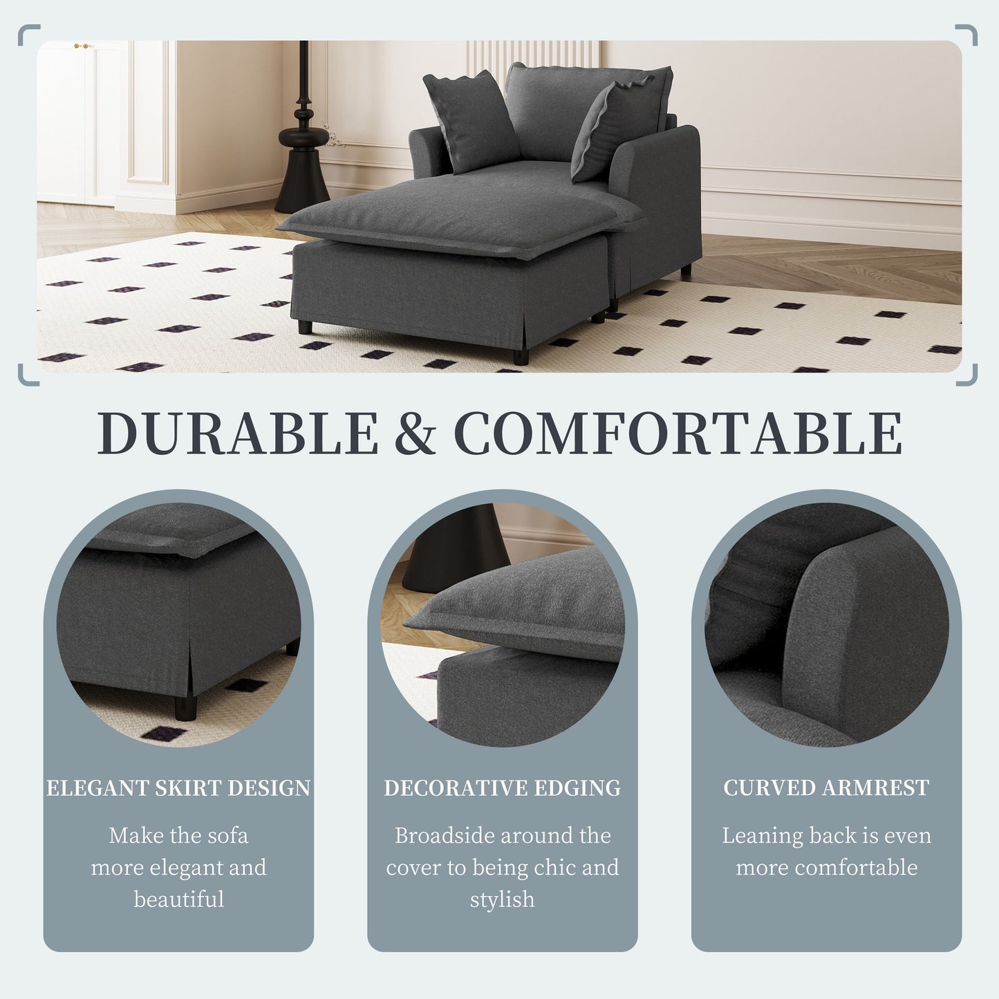 Oversized Chaise Lounge Chenille Single Sofa Bed Lazy Sleeper Armchair with Movable Ottoman for Living Room Bedroom