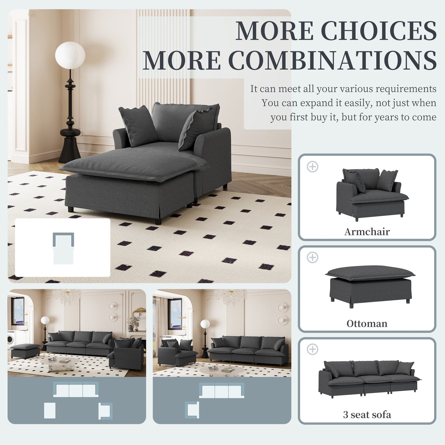 Oversized Chaise Lounge Chenille Single Sofa Bed Lazy Sleeper Armchair with Movable Ottoman for Living Room Bedroom