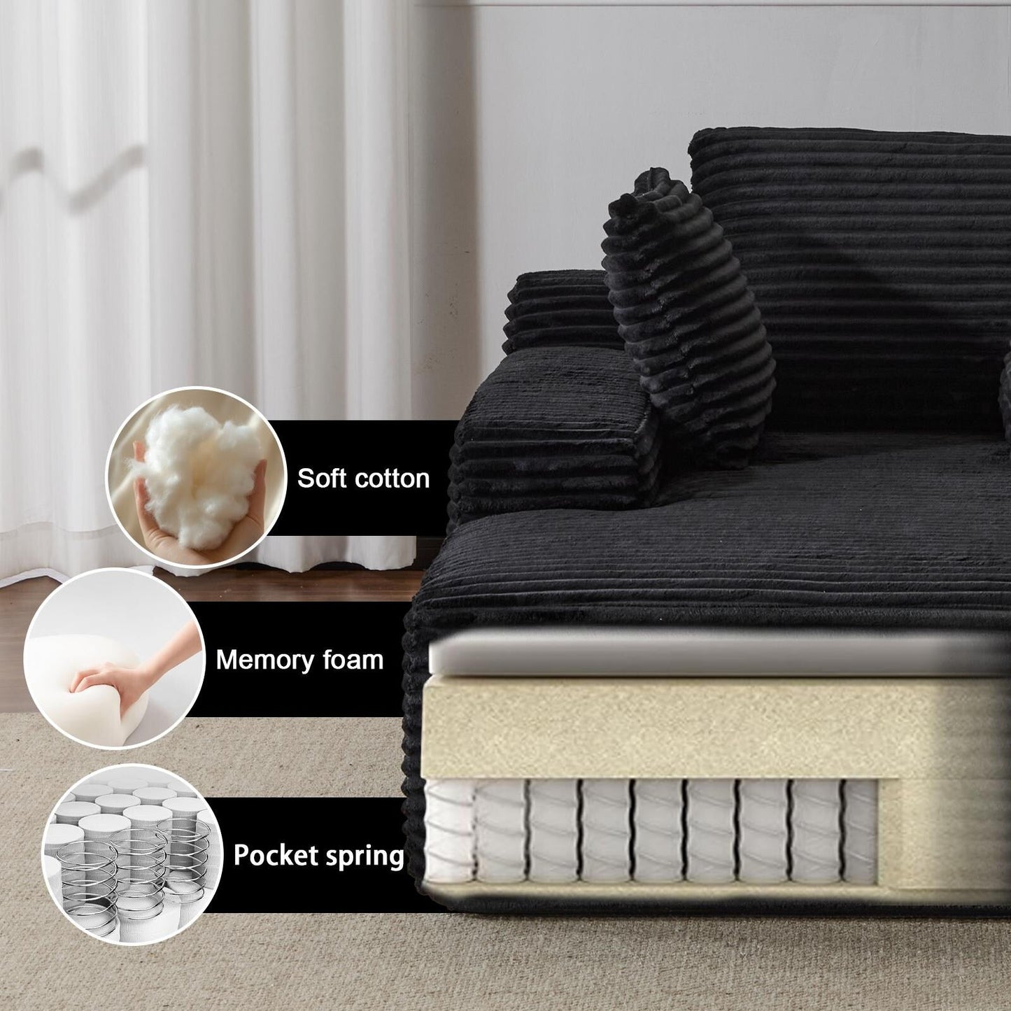 Oversized Chaise Lounge Cloud Couch Plush Corduroy Sleeper Sofa Daybed with Pillows for Living Room No Assembly