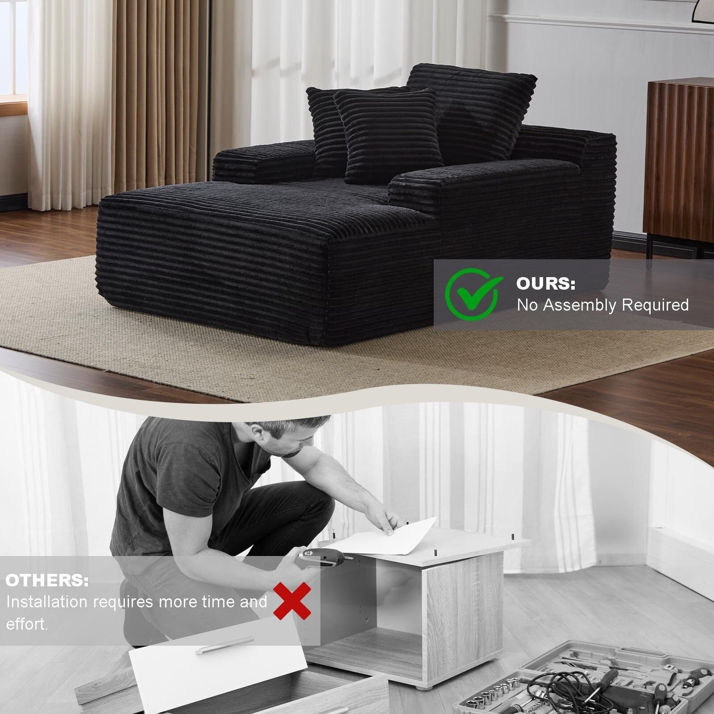 Oversized Chaise Lounge Cloud Couch Plush Corduroy Sleeper Sofa Daybed with Pillows for Living Room No Assembly