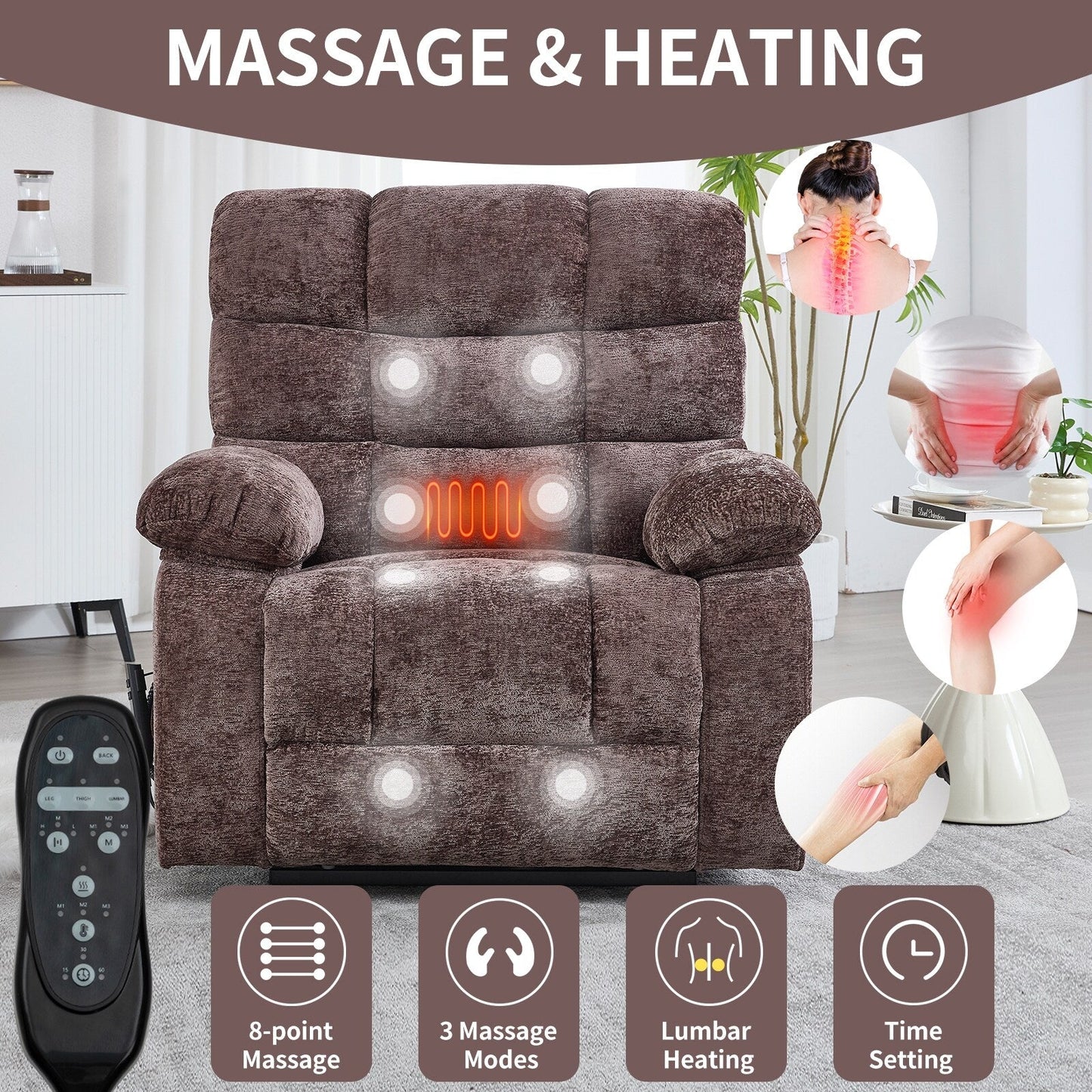 Oversized Chenille Power Lift Recliner Chair with Massage and Lumbar Heating, Charging Port, 180° Lying Flat