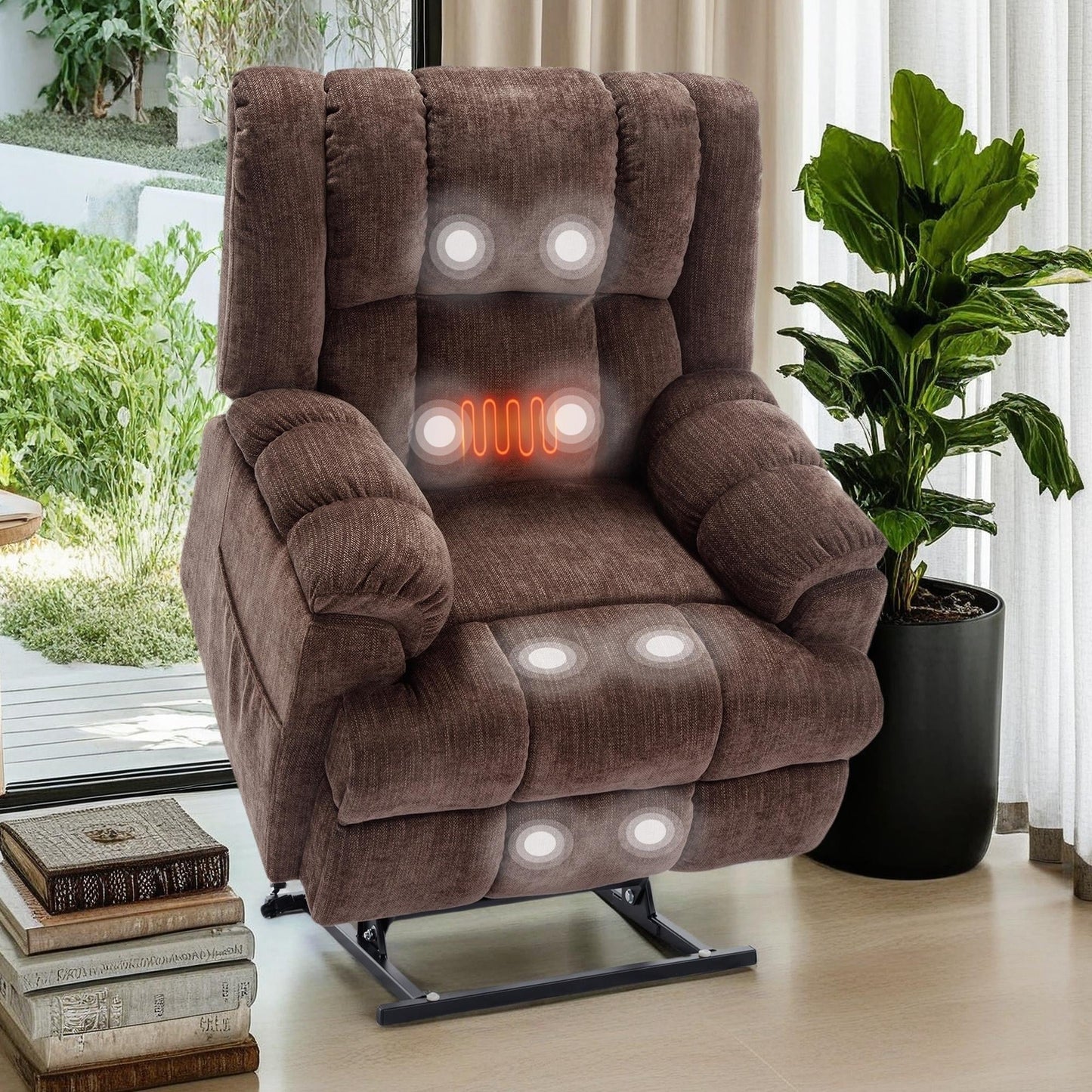 Oversized Chenille Power Lift Recliner Chair with Massage and Lumbar Heating, Infinite Position Reclining