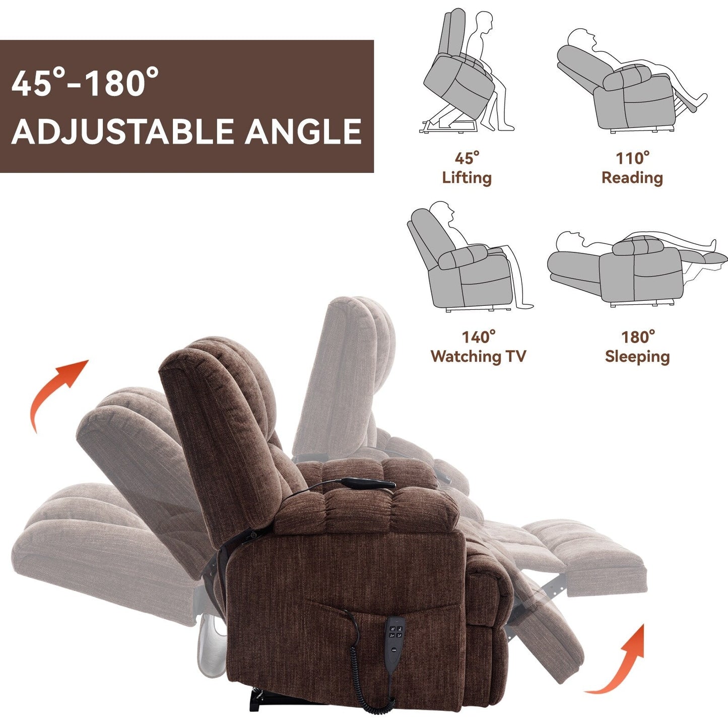 Oversized Chenille Power Lift Recliner Chair with Massage and Lumbar Heating, Infinite Position Reclining