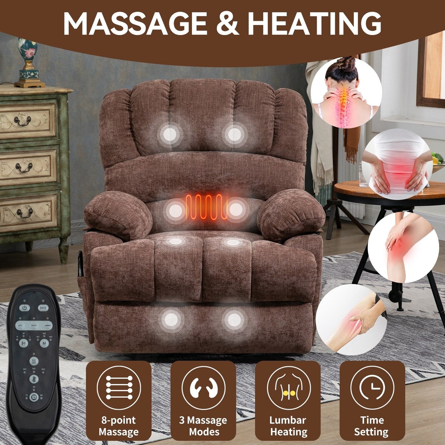 Oversized Chenille Power Lift Recliner Chair with Massage and Lumbar Heating, USB Charge Port
