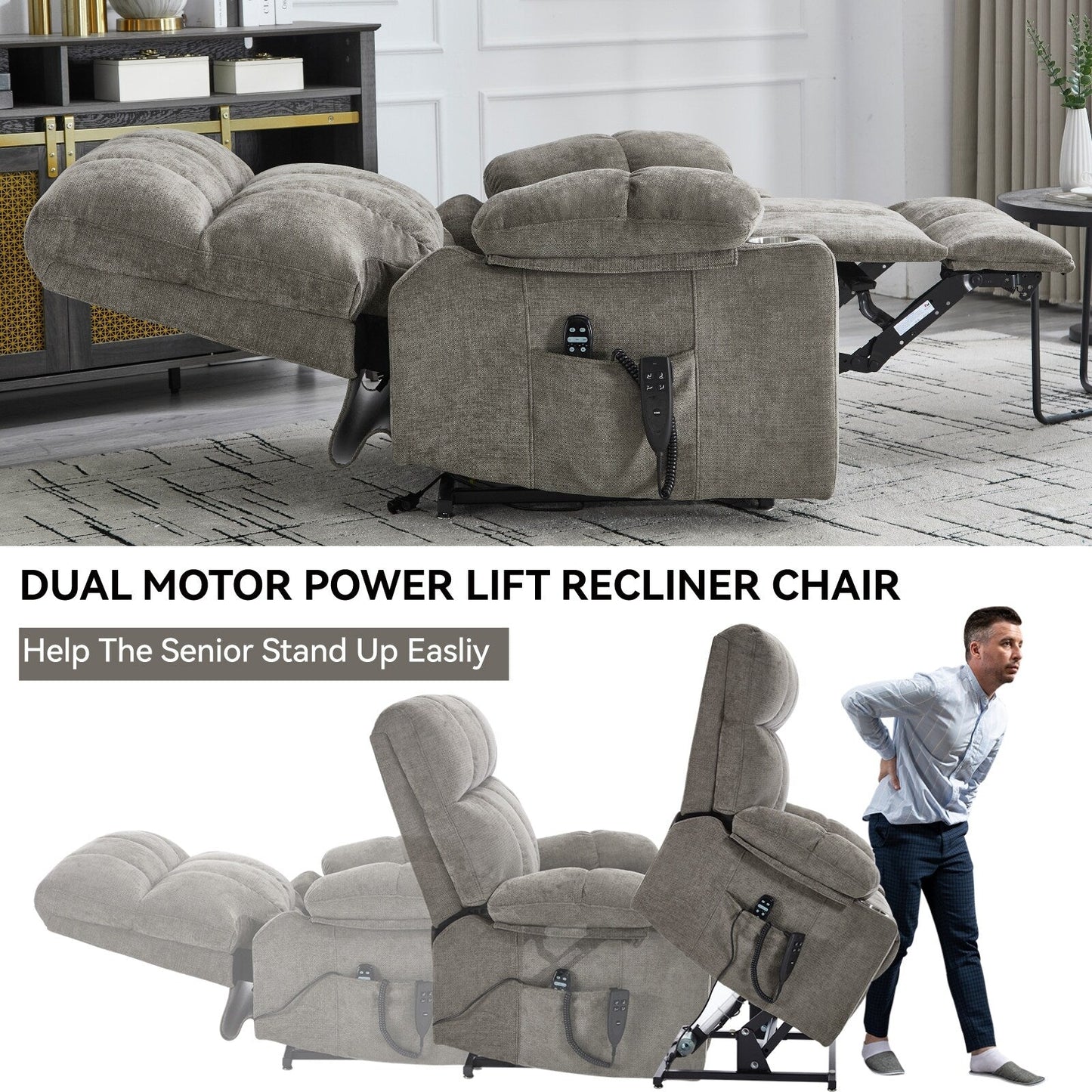 Oversized Chenille Power Lift Recliner with Dual Cup Holders