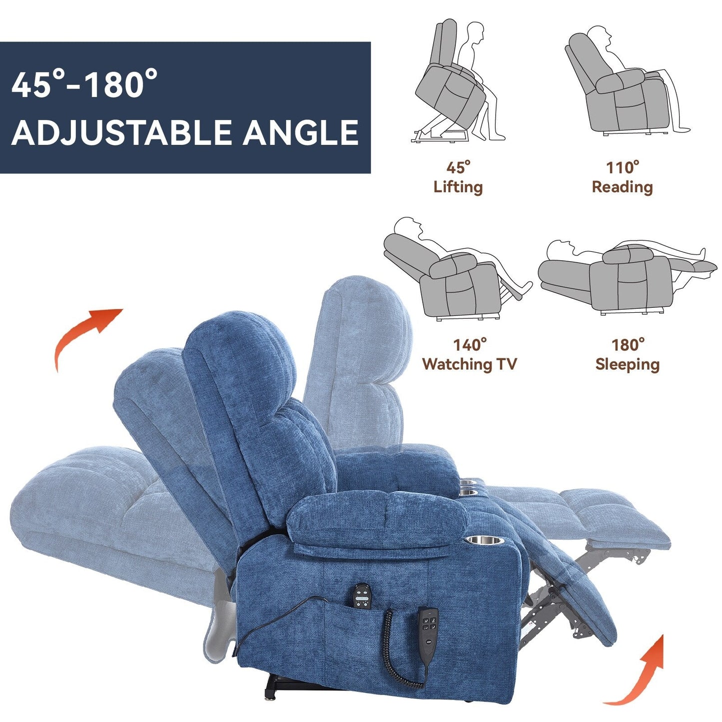 Oversized Chenille Power Lift Recliner with Dual Cup Holders