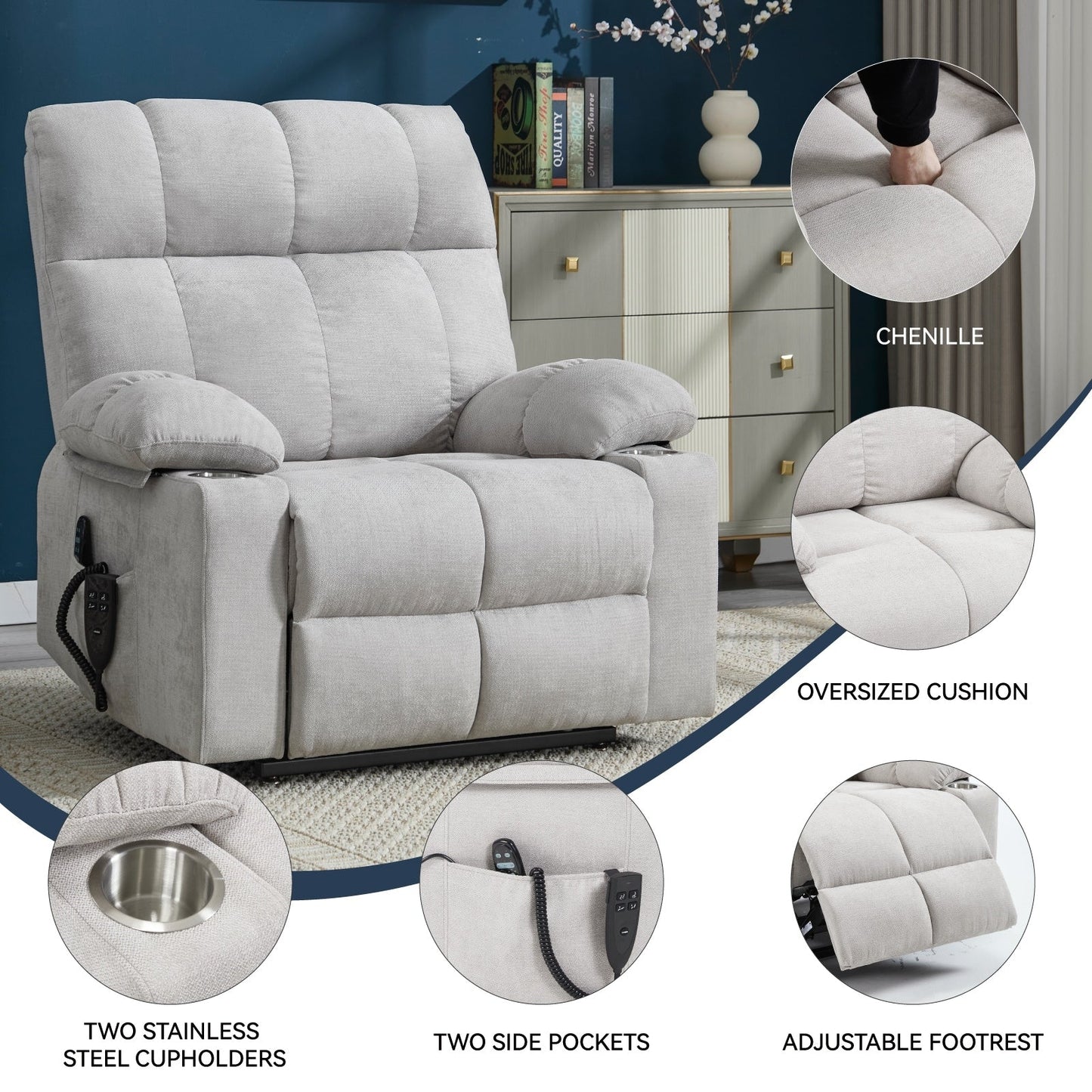 Oversized Chenille Power Lift Recliner with Dual Cup Holders