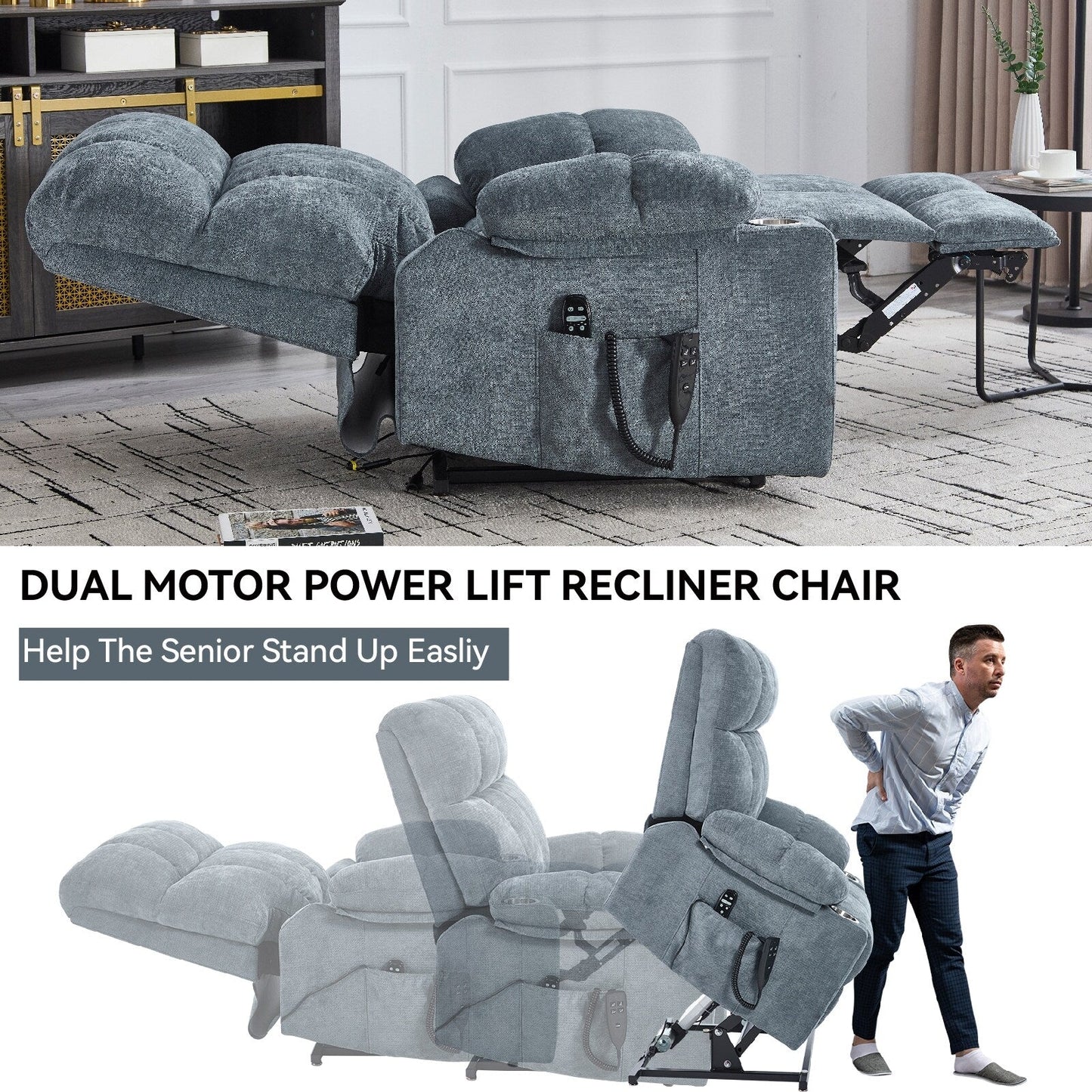 Oversized Chenille Power Lift Recliner with Dual Cup Holders