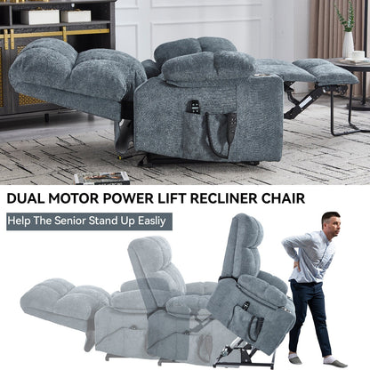 Oversized Chenille Power Lift Recliner with Dual Cup Holders