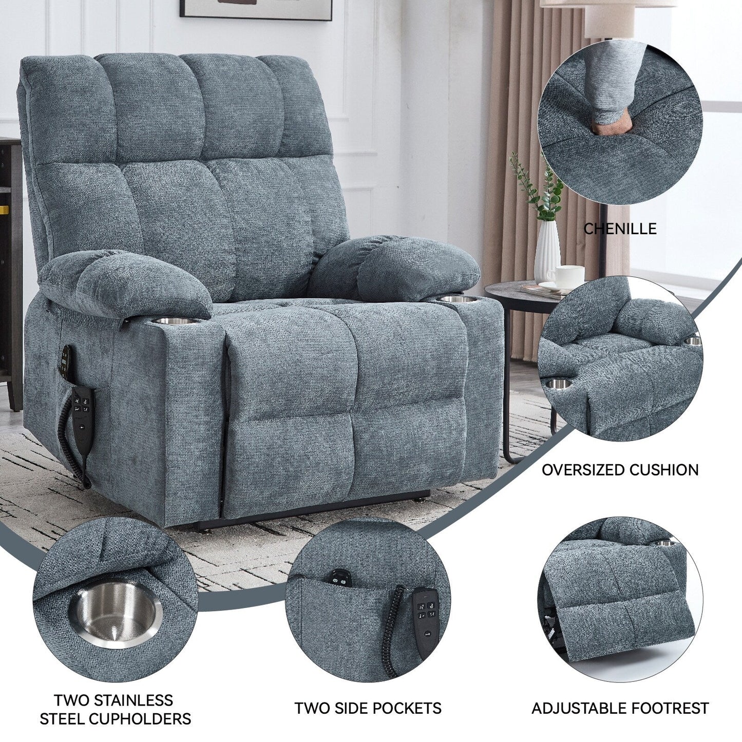 Oversized Chenille Power Lift Recliner with Dual Cup Holders