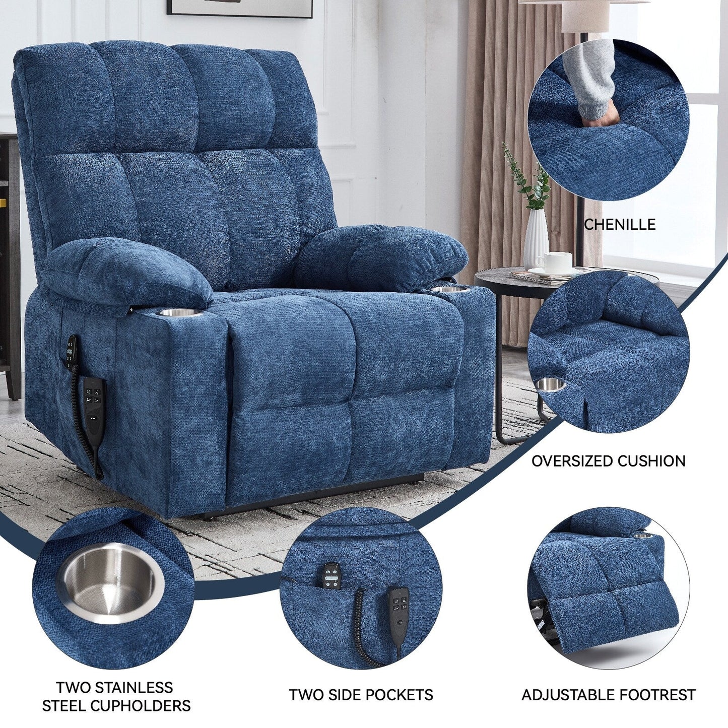 Oversized Chenille Power Lift Recliner with Dual Cup Holders