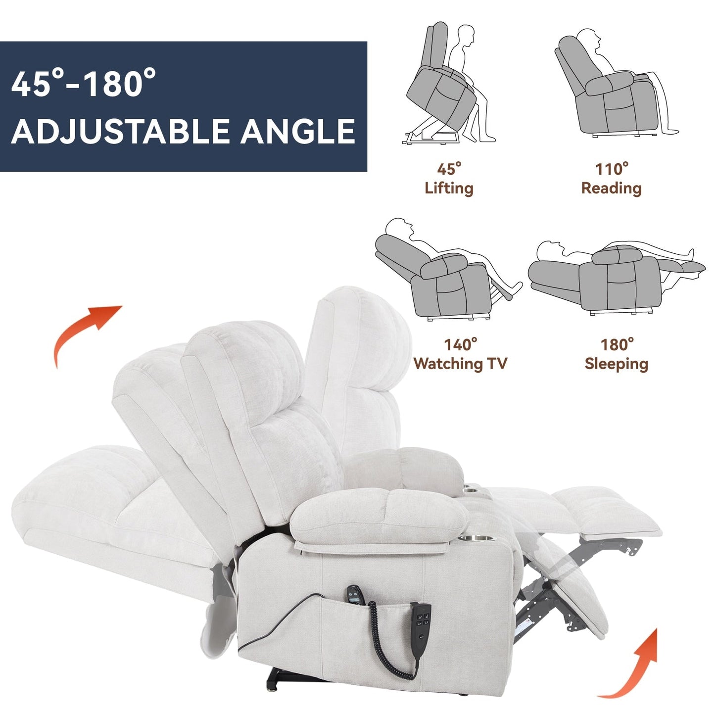 Oversized Chenille Power Lift Recliner with Dual Cup Holders