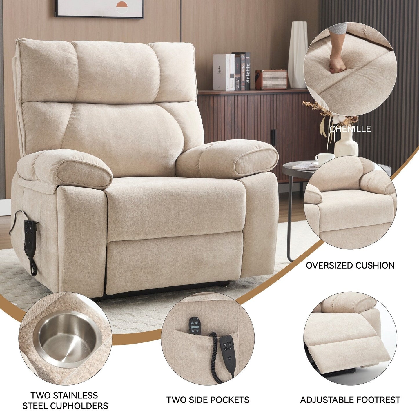 Oversized Chenille Power Lift Recliner with Massage & Heat