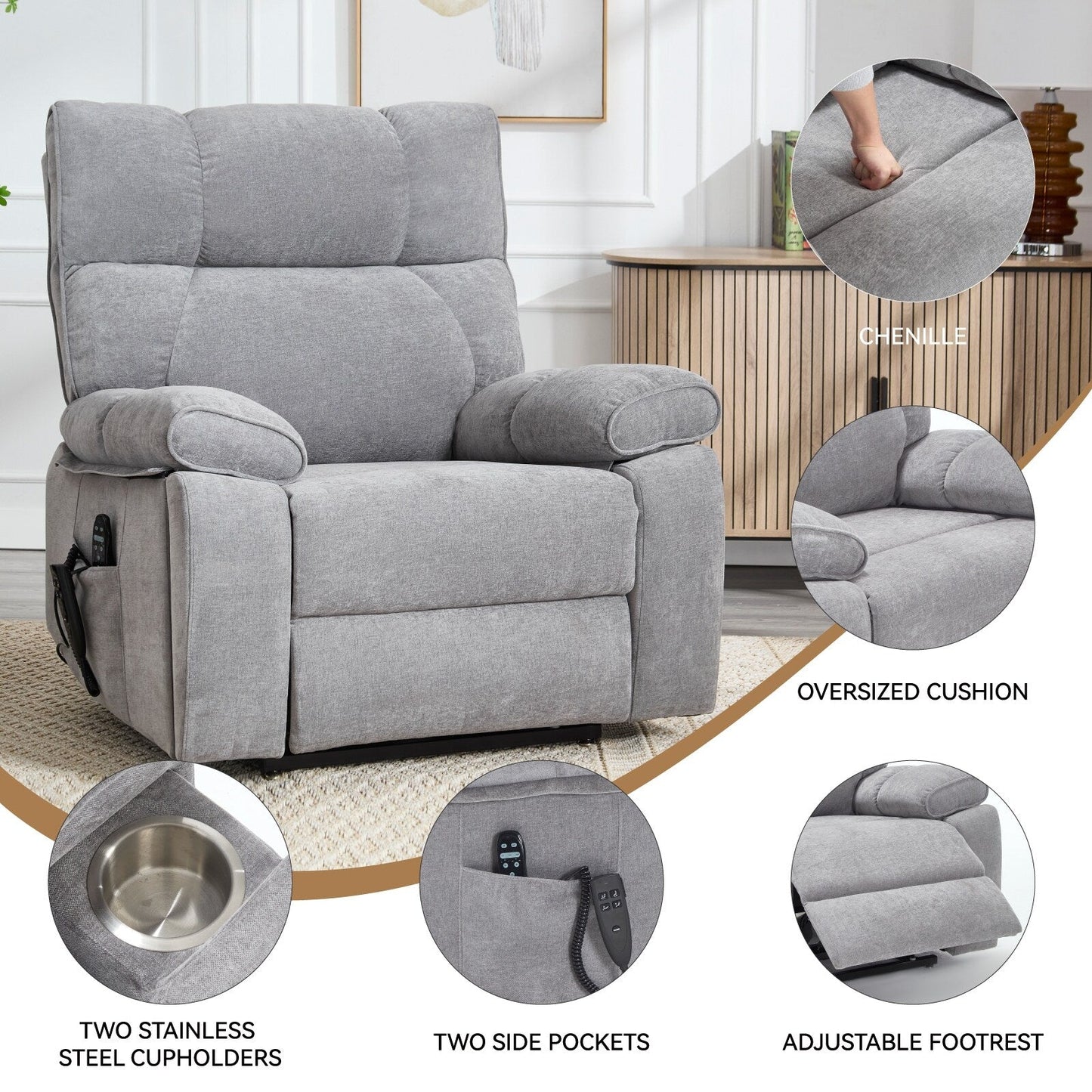 Oversized Chenille Power Lift Recliner with Massage & Heat