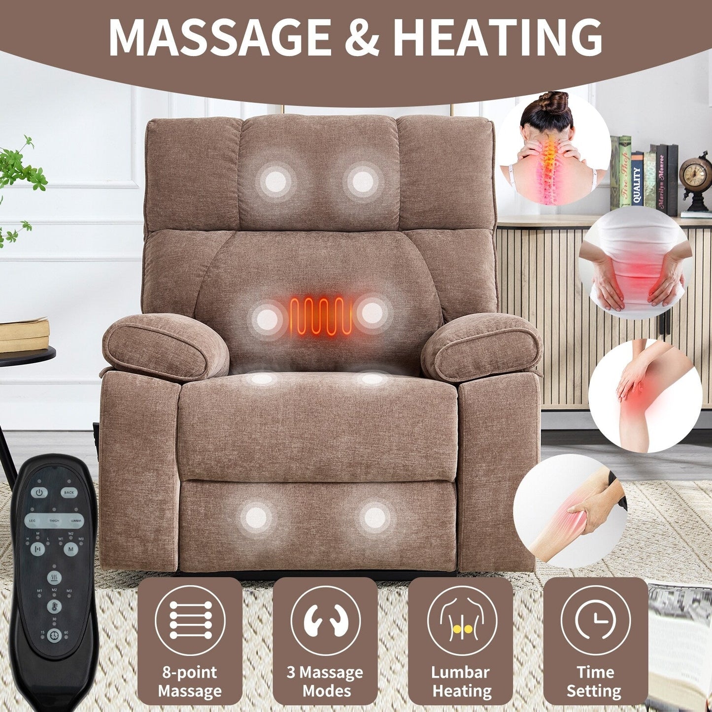 Oversized Chenille Power Lift Recliner with Massage & Heat