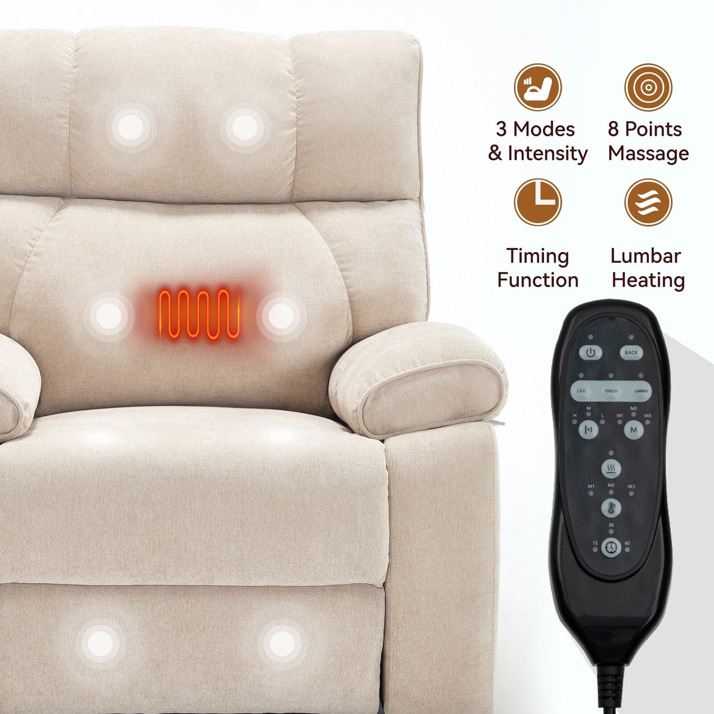 Oversized Chenille Power Lift Recliner with Massage & Heat