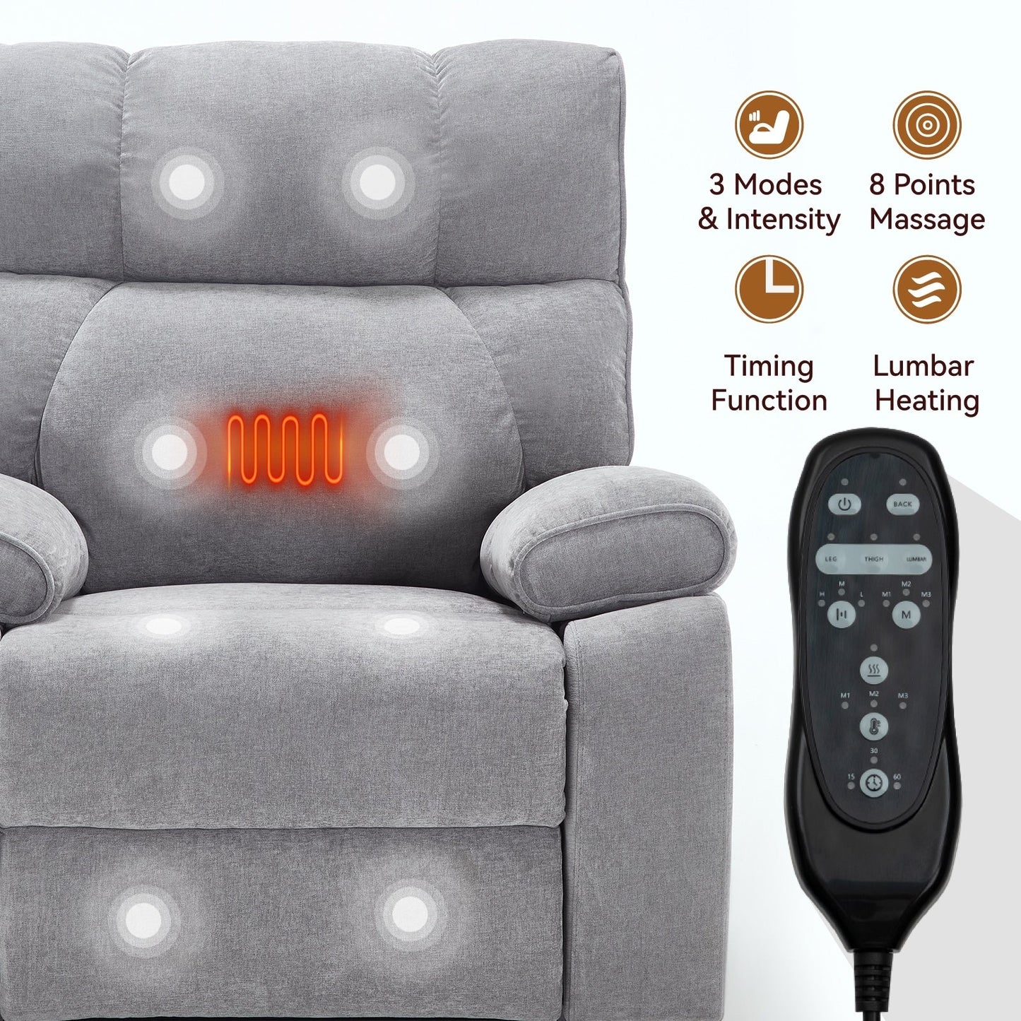 Oversized Chenille Power Lift Recliner with Massage & Heat