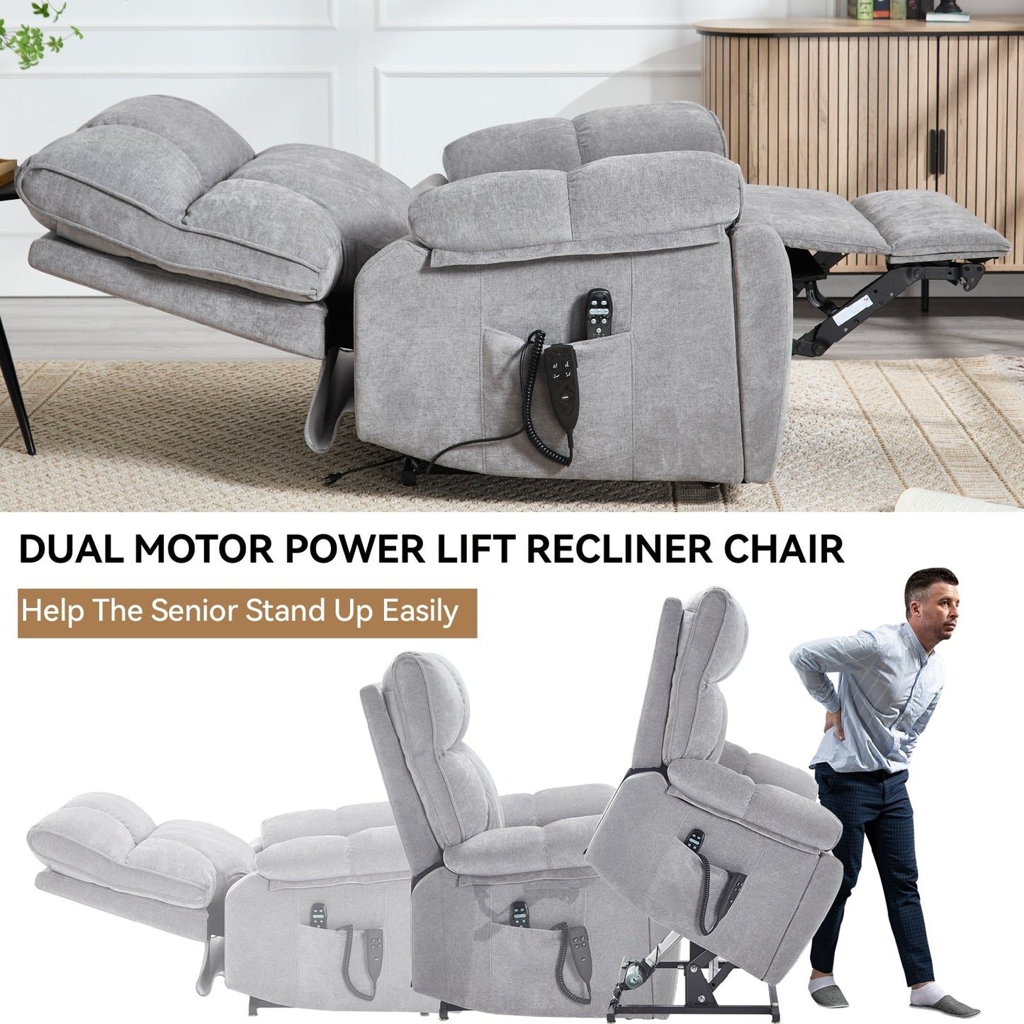 Oversized Chenille Power Lift Recliner with Massage & Heat