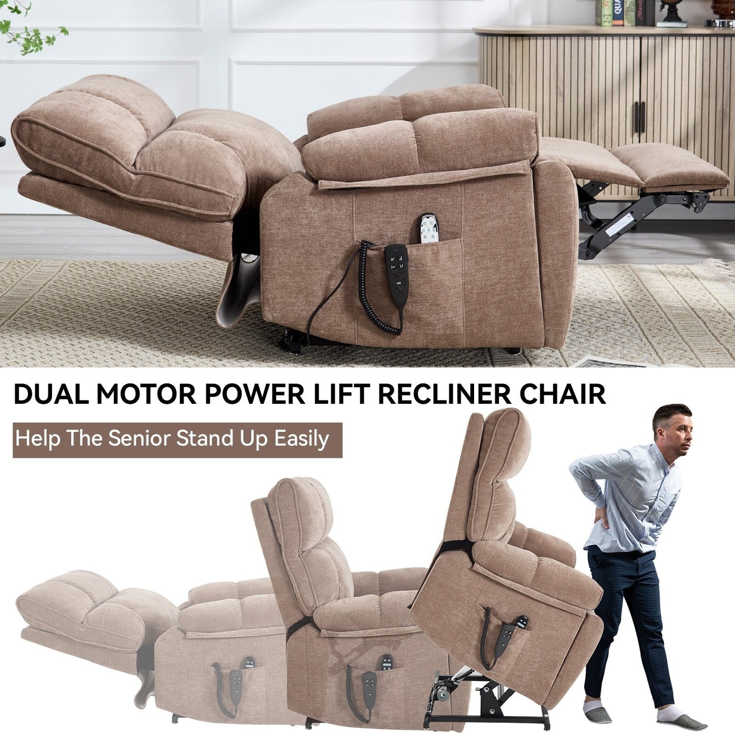 Oversized Chenille Power Lift Recliner with Massage & Heat
