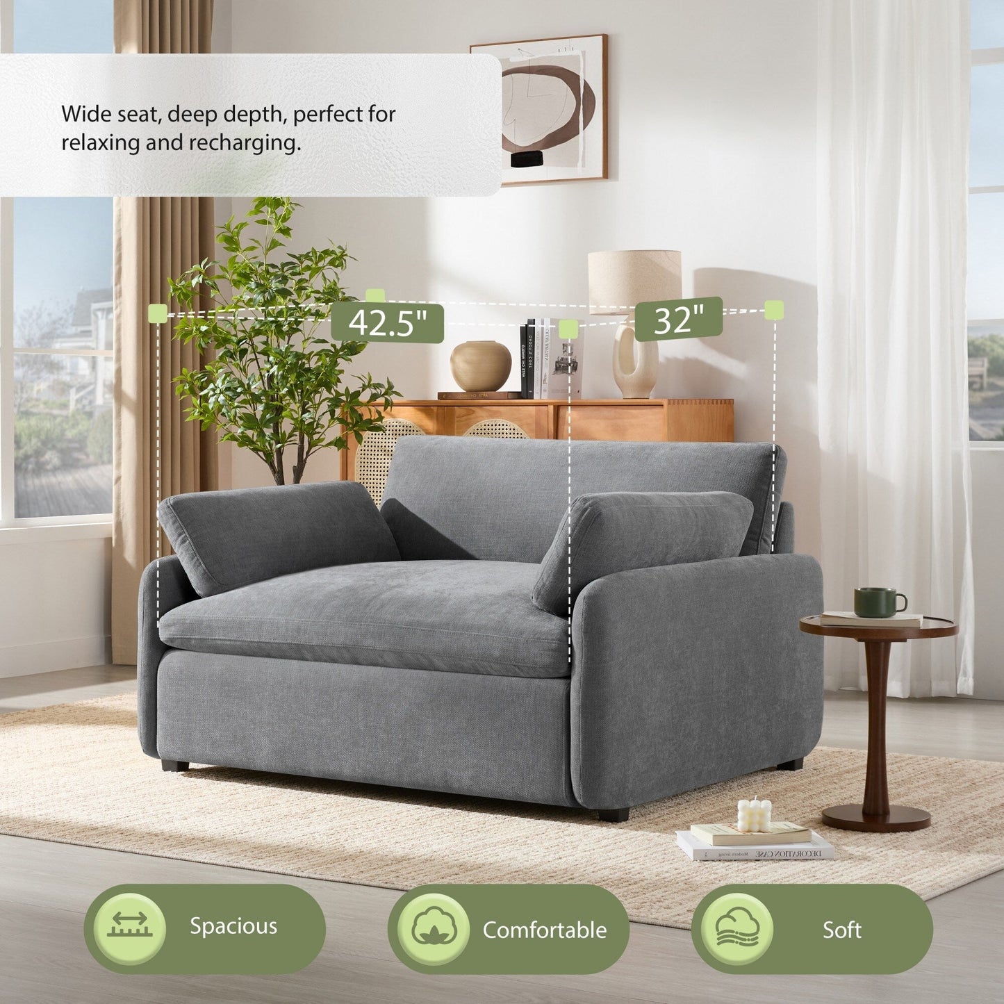 Oversized Chenille Single Sofa Chair â?Wide and Deep Seat Accent Chair with Throw Pillows by Harper&Bright Designs