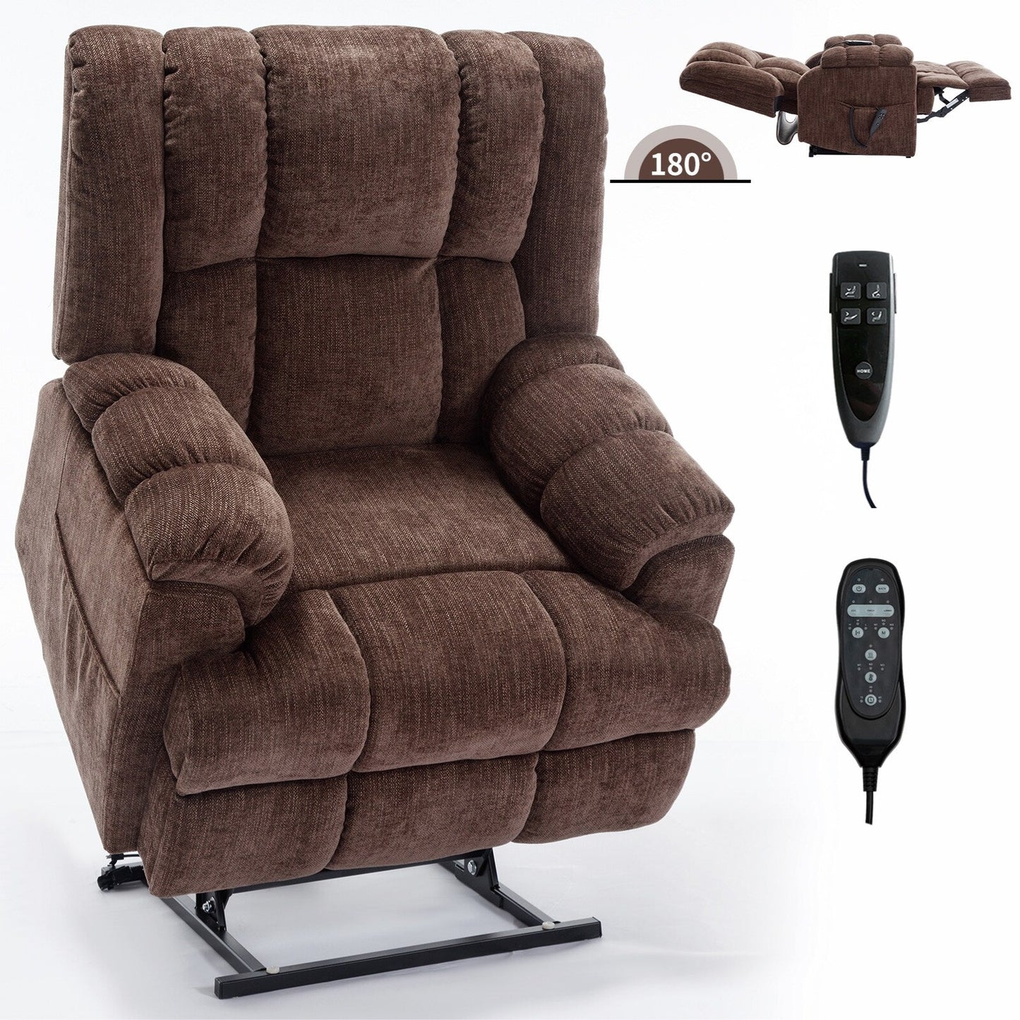 Oversized Chenille Upholstered Power Lift Massage Recliner with Massage, Lumbar Heating, 180Â° Flat Lay