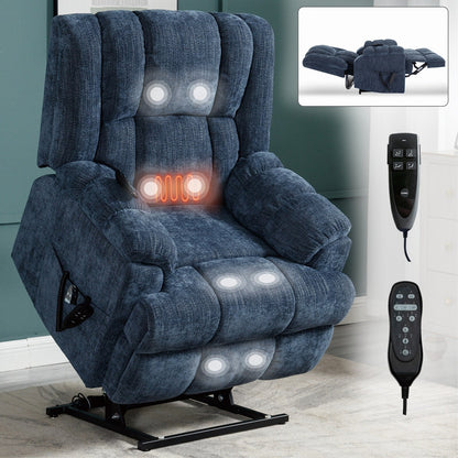 Oversized Chenille Upholstered Power Lift Massage Recliner with Massage, Lumbar Heating, 180Â° Flat Lay