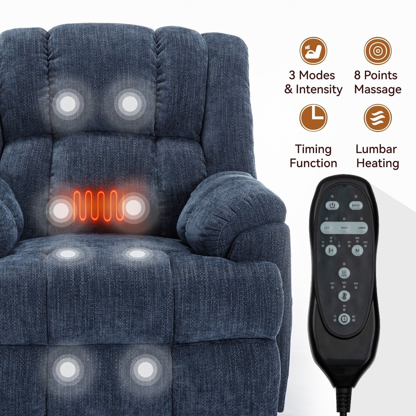 Oversized Chenille Upholstered Power Lift Massage Recliner with Massage, Lumbar Heating, 180Â° Flat Lay