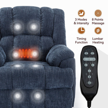 Oversized Chenille Upholstered Power Lift Massage Recliner with Massage, Lumbar Heating, 180Â° Flat Lay