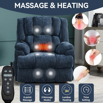 Oversized Chenille Upholstered Power Lift Massage Recliner with Massage, Lumbar Heating, 180Â° Flat Lay