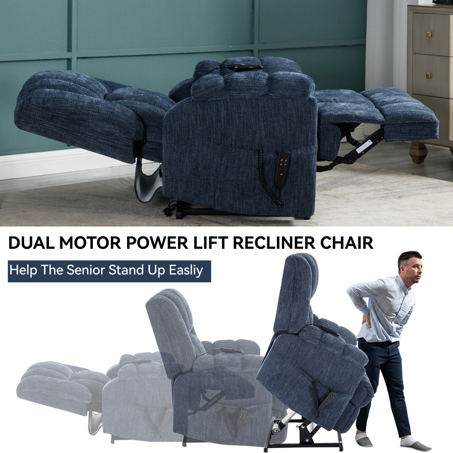 Oversized Chenille Upholstered Power Lift Massage Recliner with Massage, Lumbar Heating, 180Â° Flat Lay