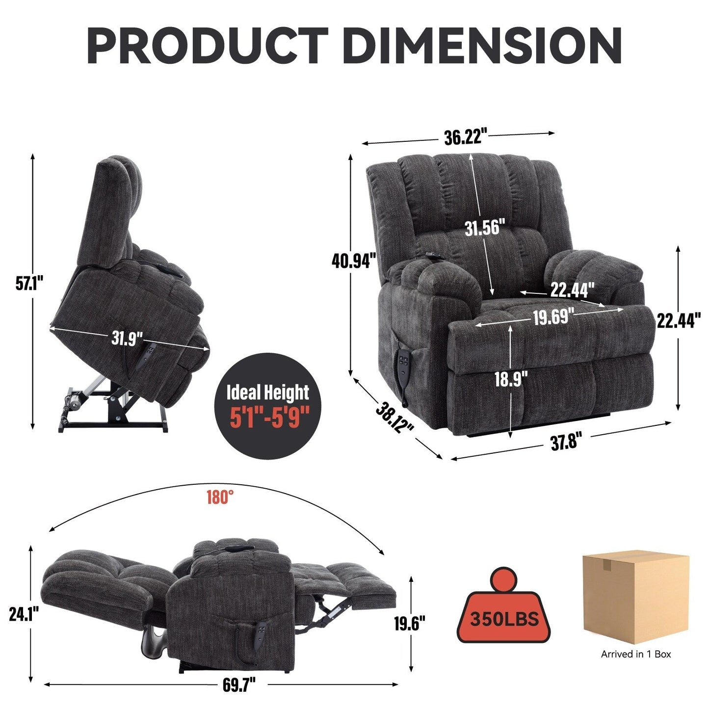 Oversized Chenille Upholstered Power Lift Massage Recliner with Massage, Lumbar Heating, 180Â° Flat Lay