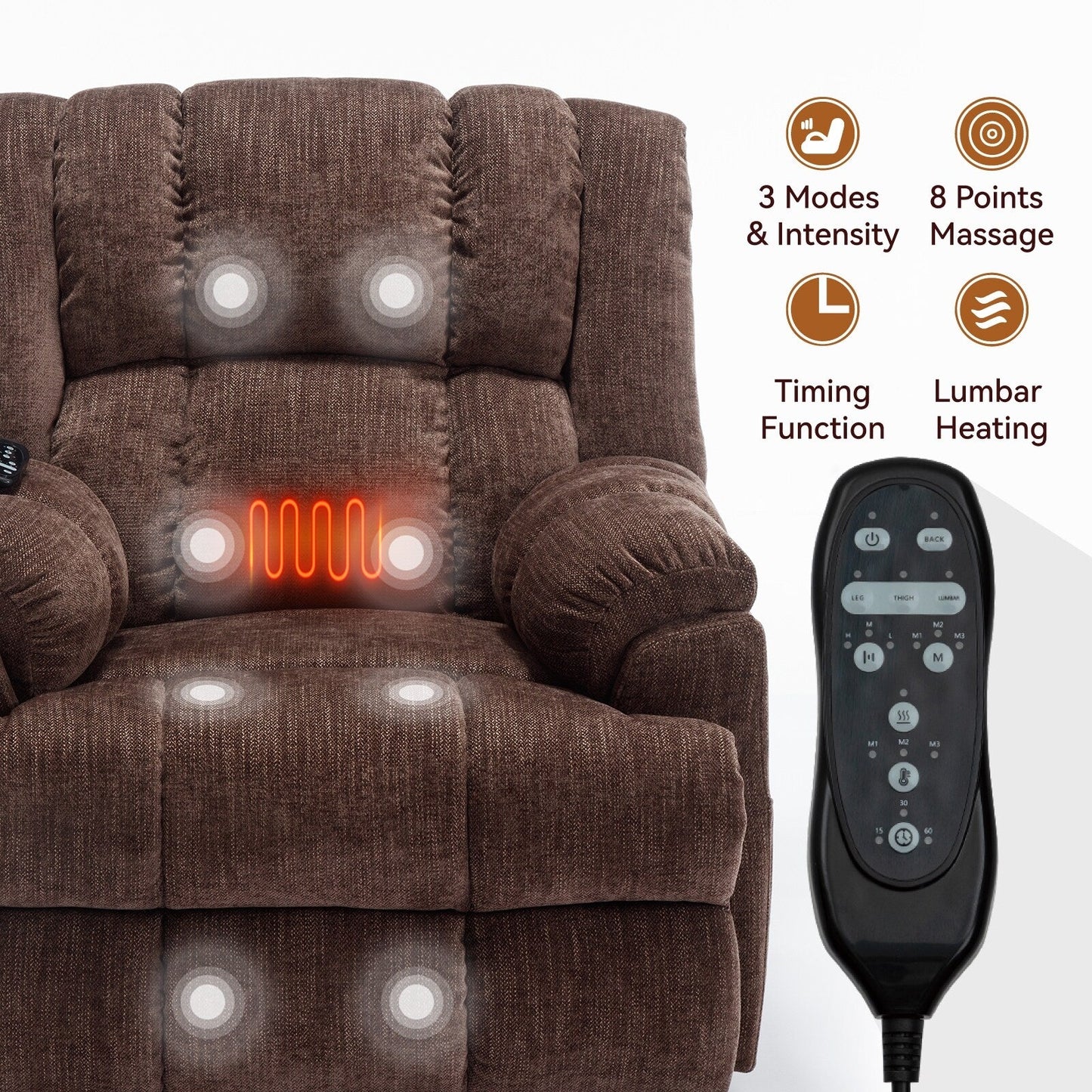 Oversized Chenille Upholstered Power Lift Massage Recliner with Massage, Lumbar Heating, 180Â° Flat Lay