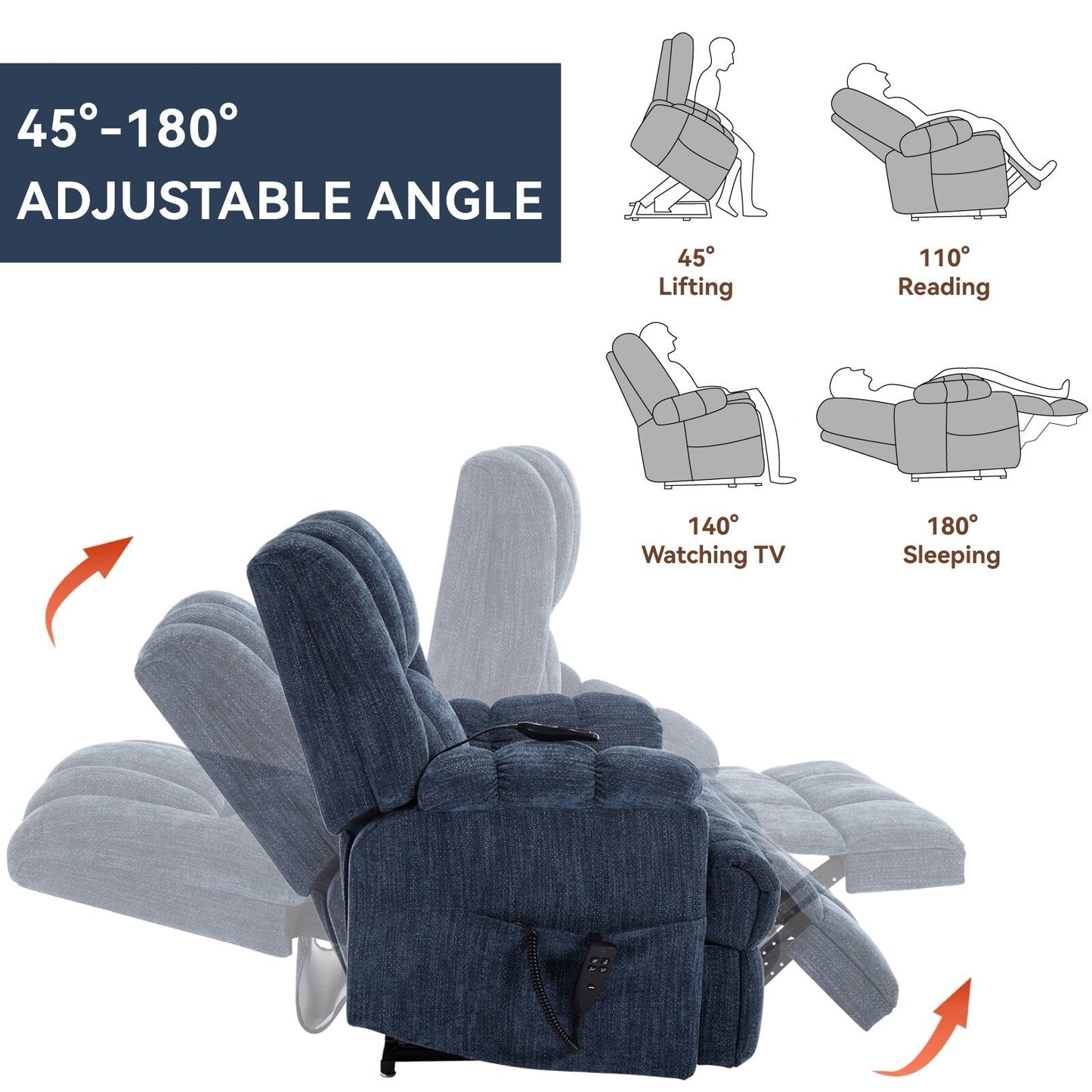 Oversized Chenille Upholstered Power Lift Massage Recliner with Massage, Lumbar Heating, 180Â° Flat Lay