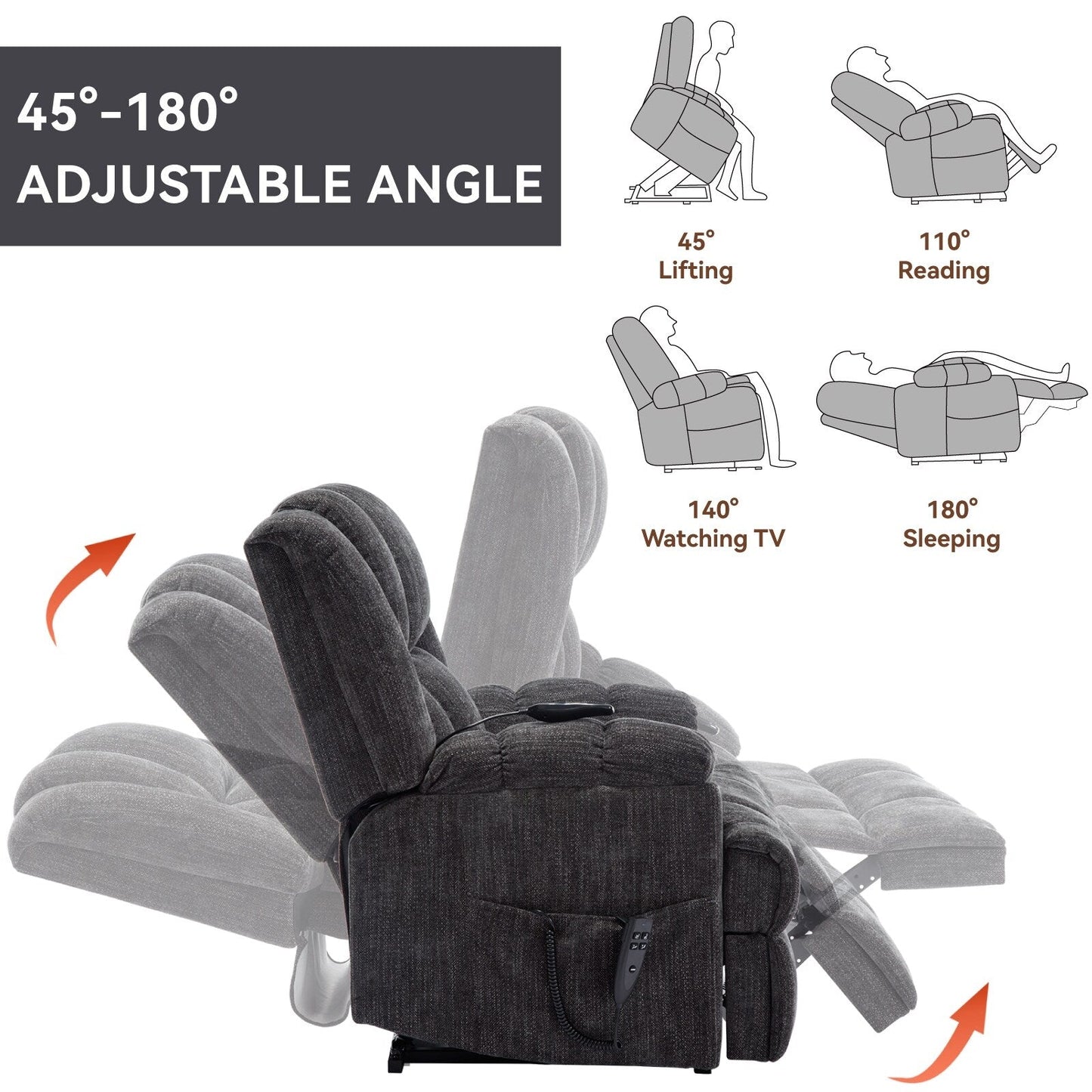Oversized Chenille Upholstered Power Lift Massage Recliner with Massage, Lumbar Heating, 180Â° Flat Lay