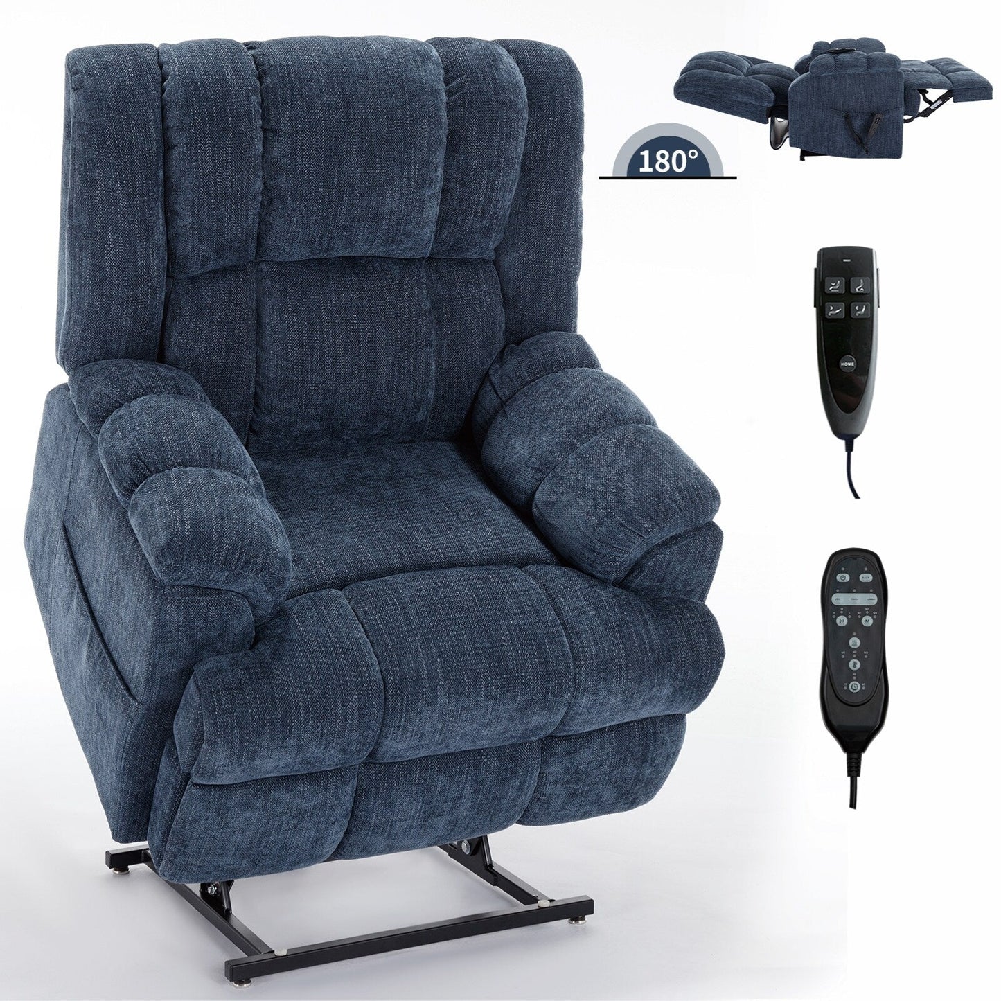 Oversized Chenille Upholstered Power Lift Massage Recliner with Massage, Lumbar Heating, 180Â° Flat Lay