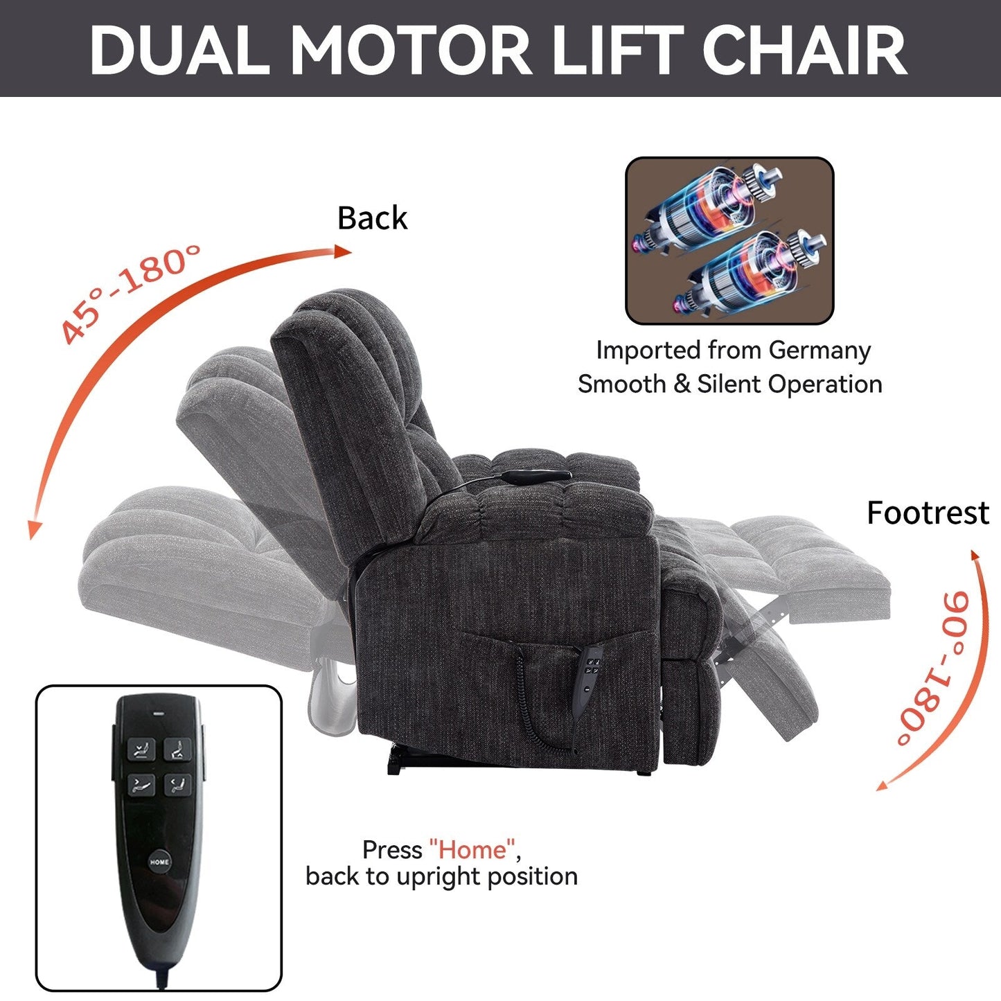 Oversized Chenille Upholstered Power Lift Massage Recliner with Massage, Lumbar Heating, 180Â° Flat Lay