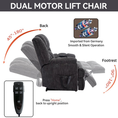 Oversized Chenille Upholstered Power Lift Massage Recliner with Massage, Lumbar Heating, 180Â° Flat Lay