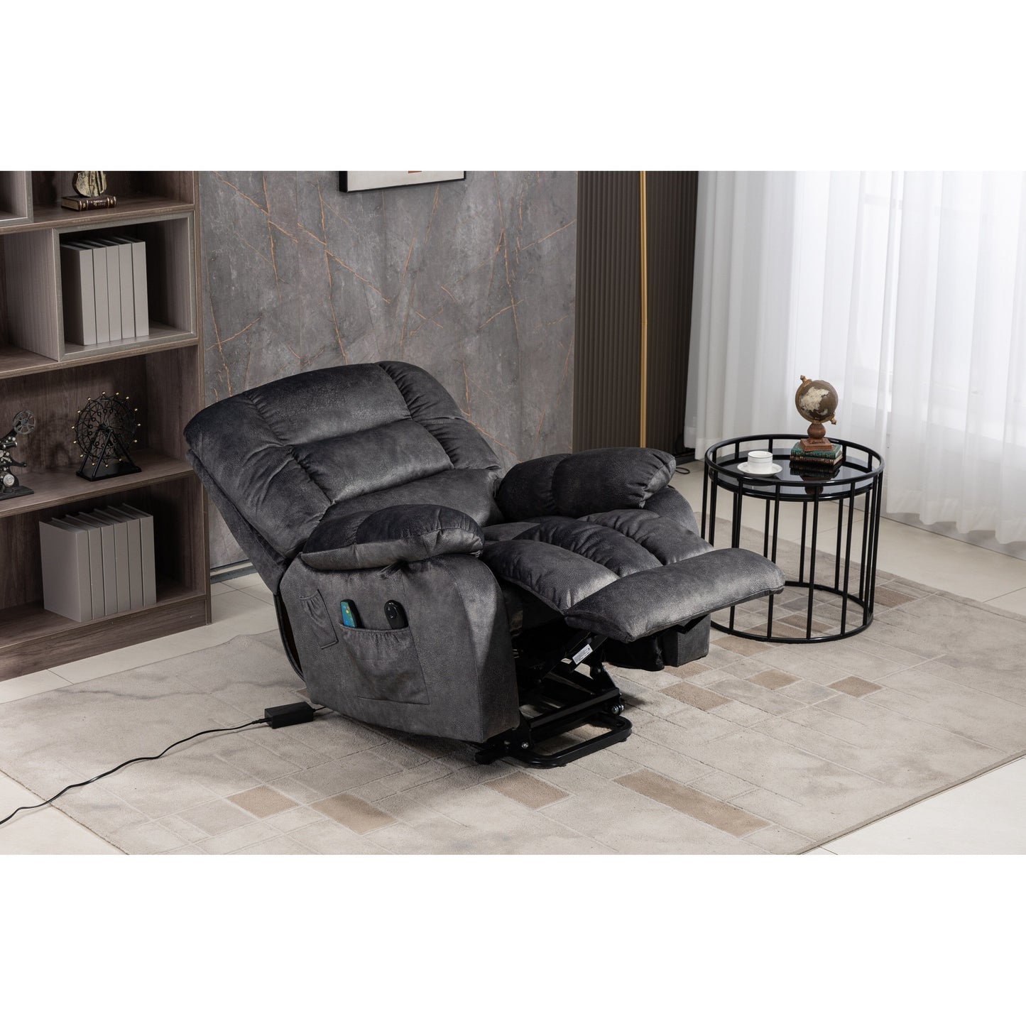 Oversized Chenille Upholstered Power Lift Recliner with 8 Point Massage & Lumbar Heating, Side Pockets
