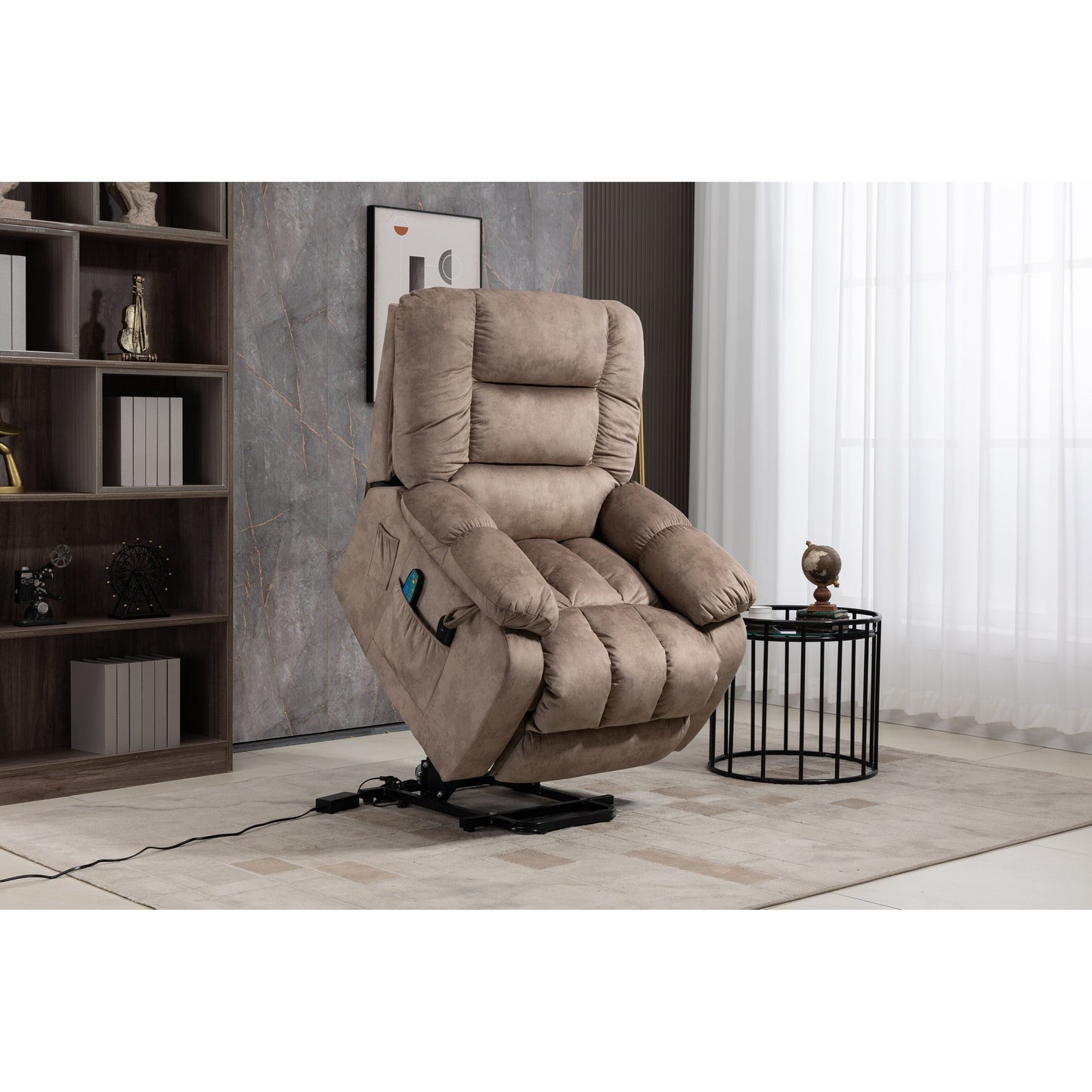 Oversized Chenille Upholstered Power Lift Recliner with 8 Point Massage & Lumbar Heating, Side Pockets