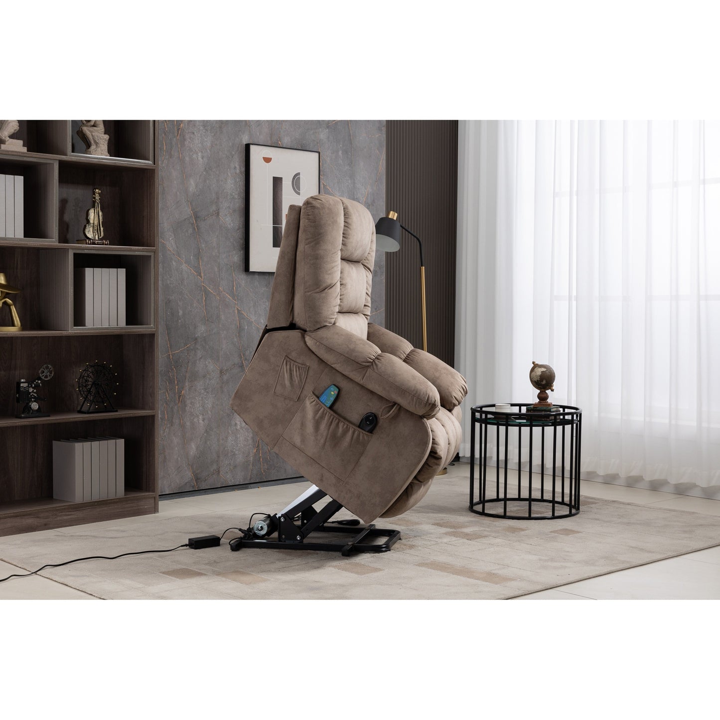 Oversized Chenille Upholstered Power Lift Recliner with 8 Point Massage & Lumbar Heating, Side Pockets