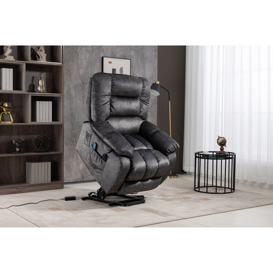 Oversized Chenille Upholstered Power Lift Recliner with 8 Point Massage & Lumbar Heating, Side Pockets