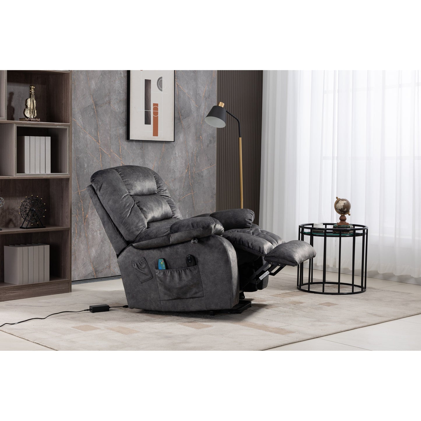 Oversized Chenille Upholstered Power Lift Recliner with 8 Point Massage & Lumbar Heating, Side Pockets