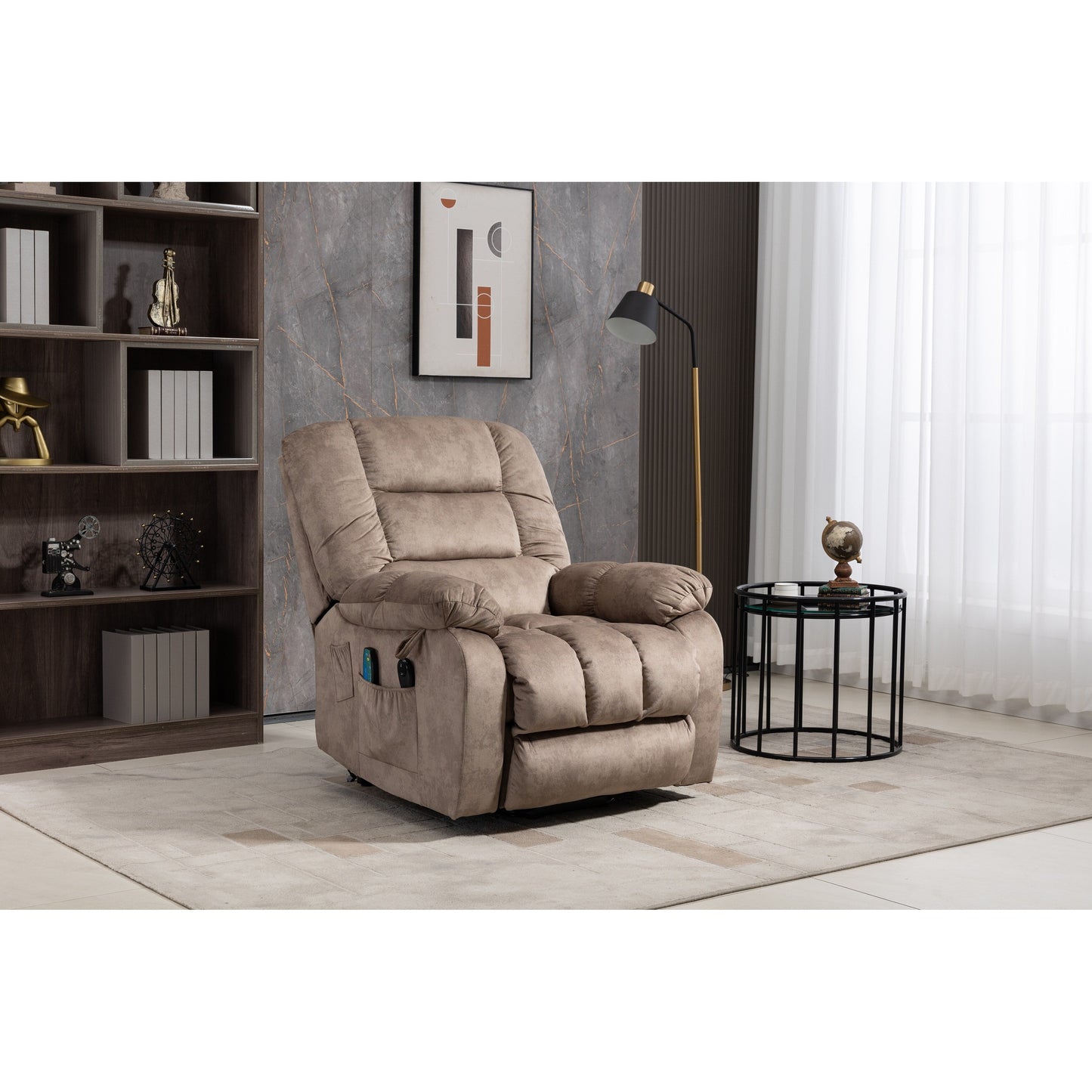 Oversized Chenille Upholstered Power Lift Recliner with 8 Point Massage & Lumbar Heating, Side Pockets