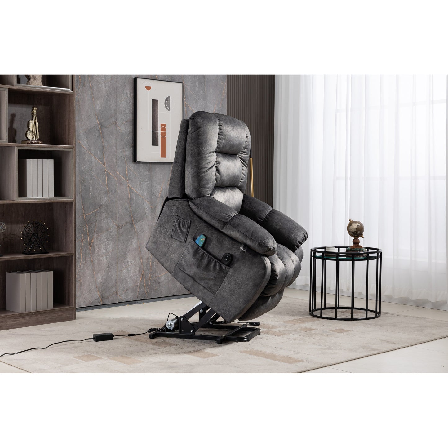 Oversized Chenille Upholstered Power Lift Recliner with 8 Point Massage & Lumbar Heating, Side Pockets