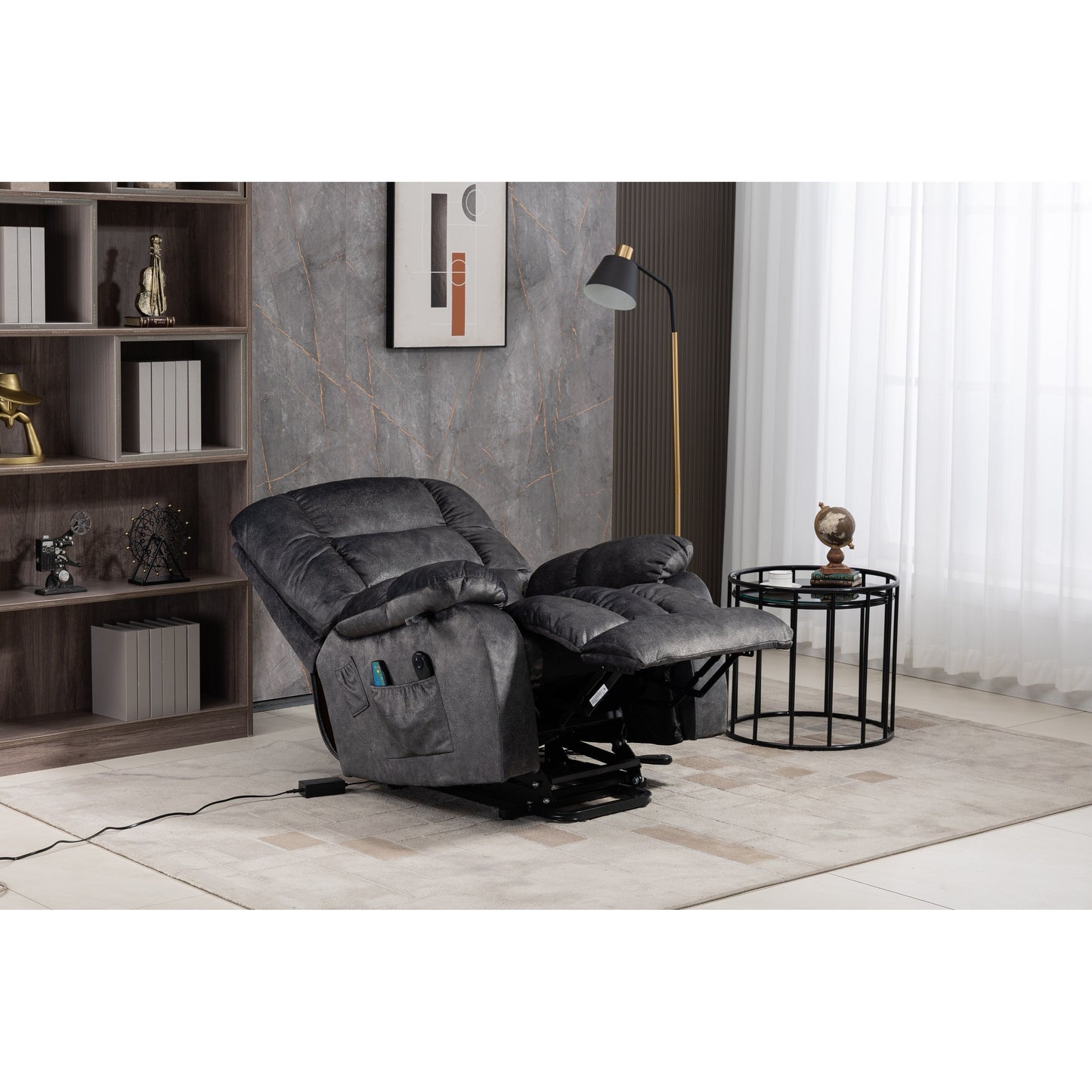 Oversized Chenille Upholstered Power Lift Recliner with 8 Point Massage & Lumbar Heating, Side Pockets
