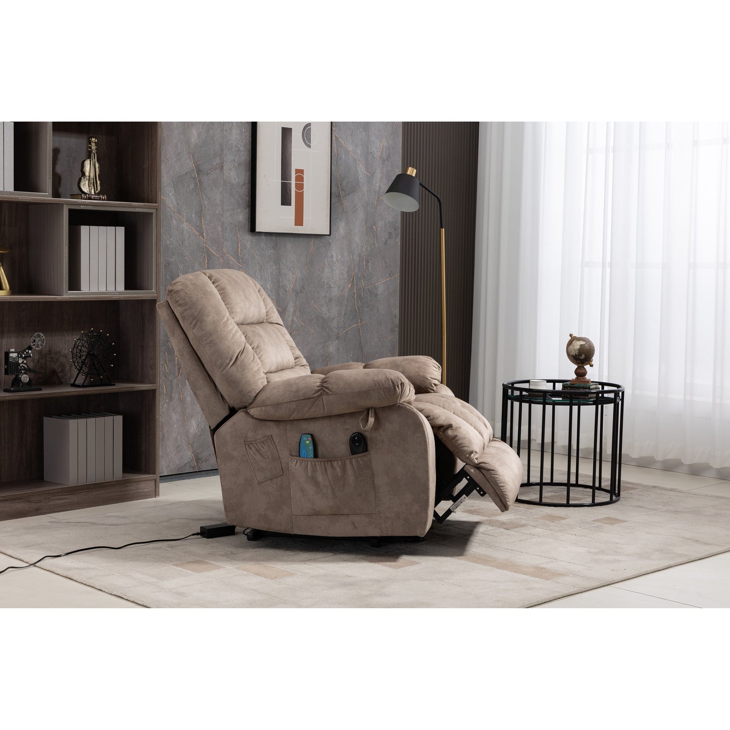 Oversized Chenille Upholstered Power Lift Recliner with 8 Point Massage & Lumbar Heating, Side Pockets