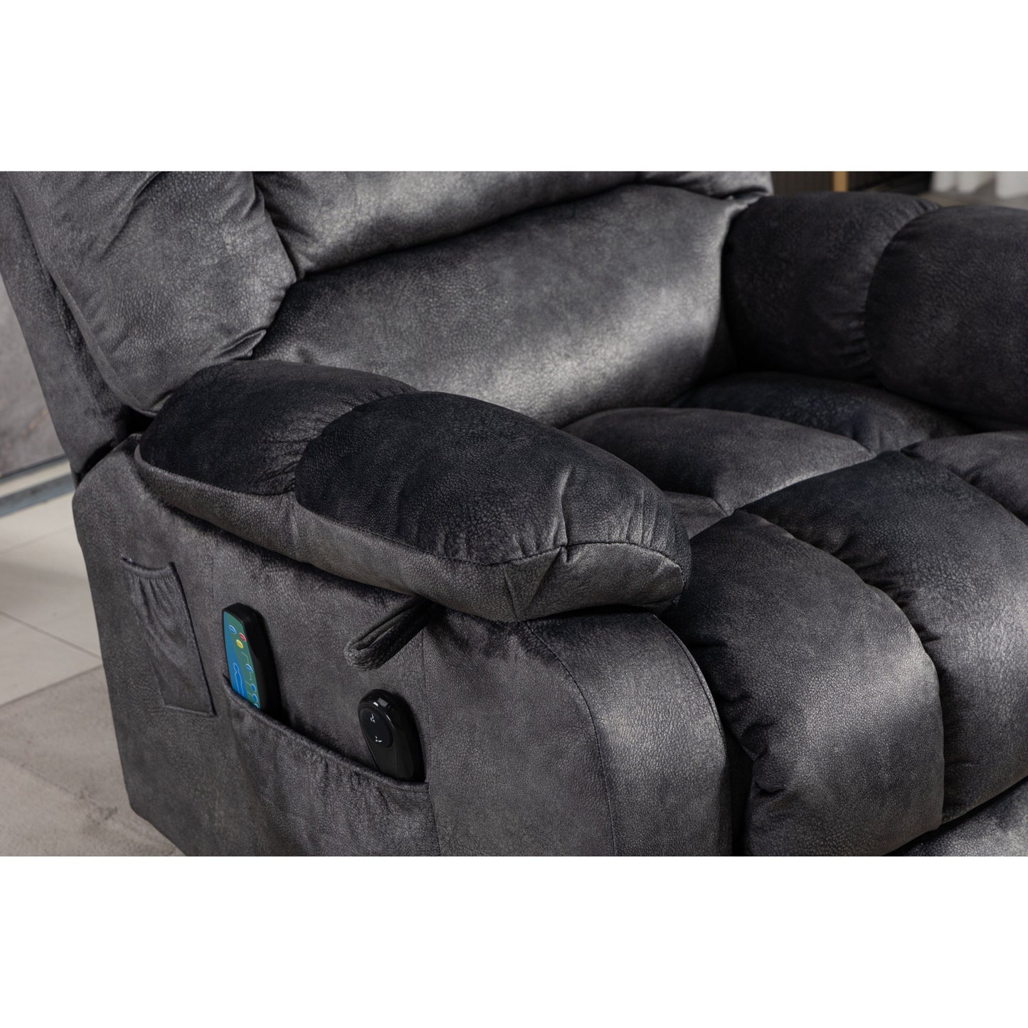 Oversized Chenille Upholstered Power Lift Recliner with 8 Point Massage & Lumbar Heating, Side Pockets