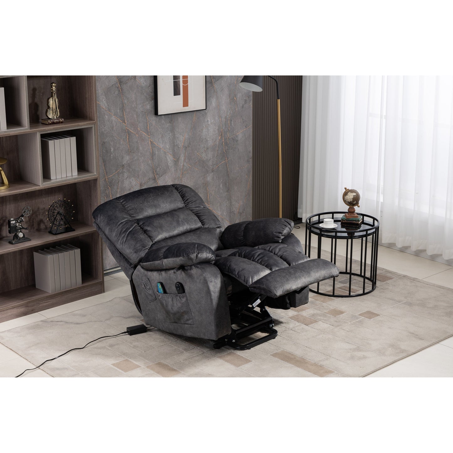Oversized Chenille Upholstered Power Lift Recliner with 8 Point Massage & Lumbar Heating, Side Pockets